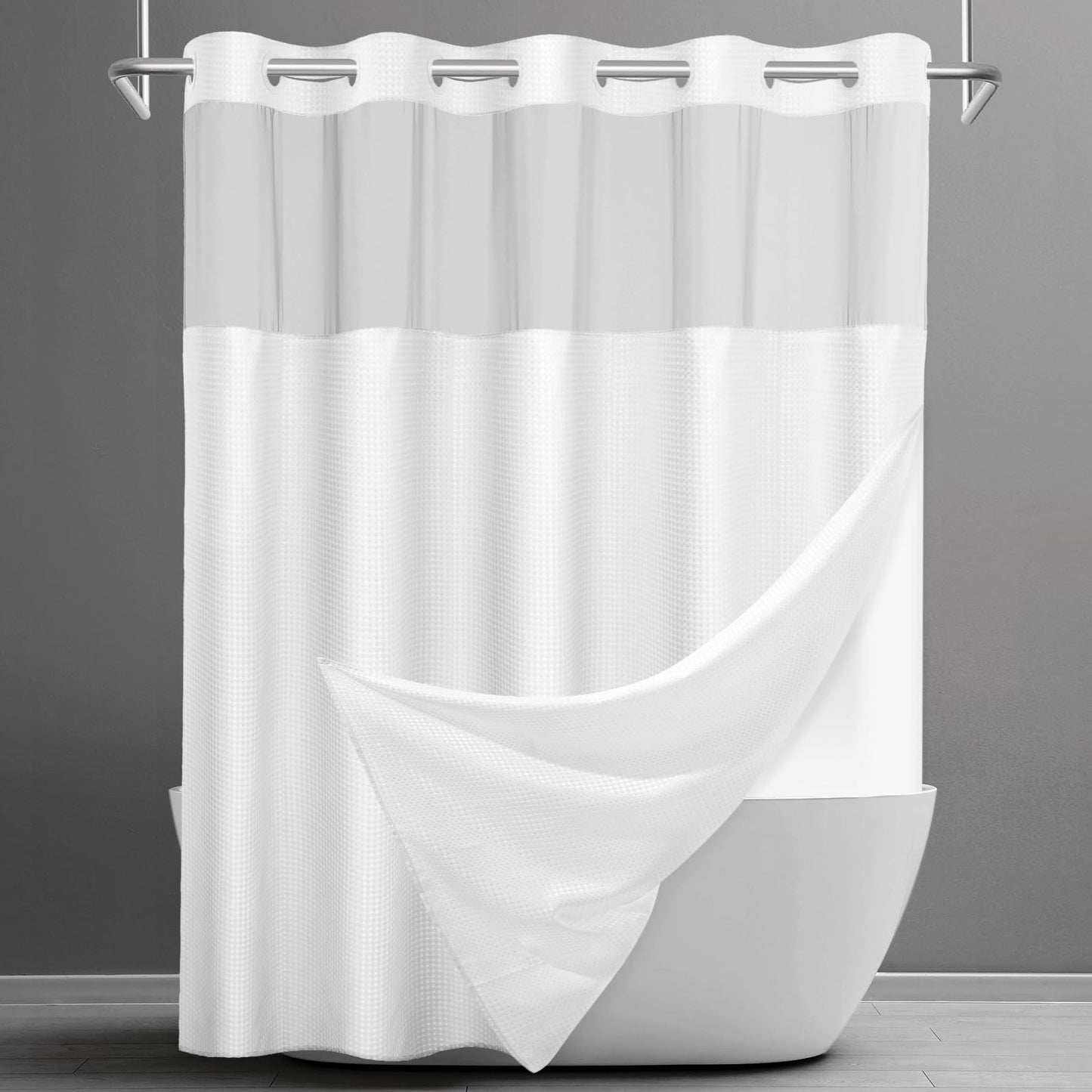 No Hook Shower Curtain with Snap in Fabric Liner- Hotel Style Waffle Weave Shower Curtains with See Through Top Window for Bathroom, Waterproof & Washable, White, 71" W x 74" L