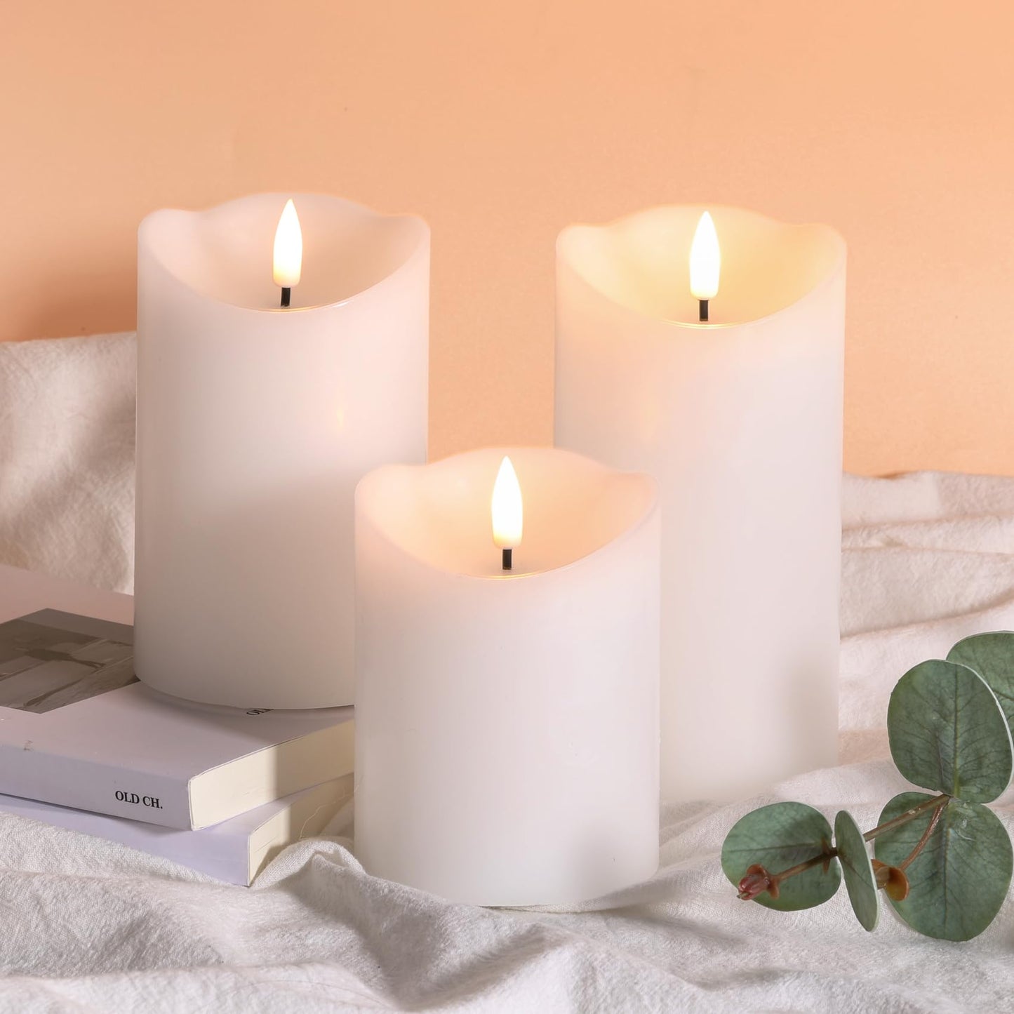 Eywamage White Flameless Pillar Candles with Remote, Realistic LED Candles Battery Operated Real Wax Flickering Set of 3