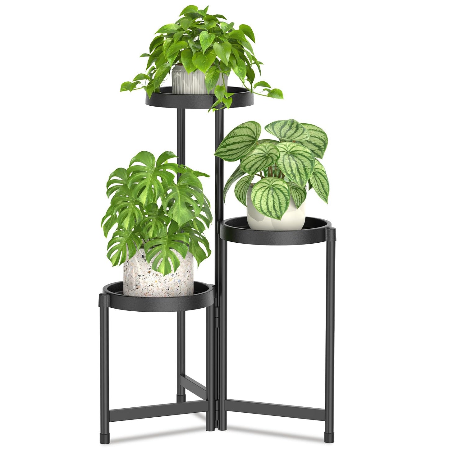 LASZOLA 3 Tiered Folding Plant Stand Indoor for Multiple Large Planter, Tall Heavy Duty Adjustable Rack with Rust Proof Plastic Shelving, Sturdy Vertical Tree Organizer for Narrow Inside Floor, Black