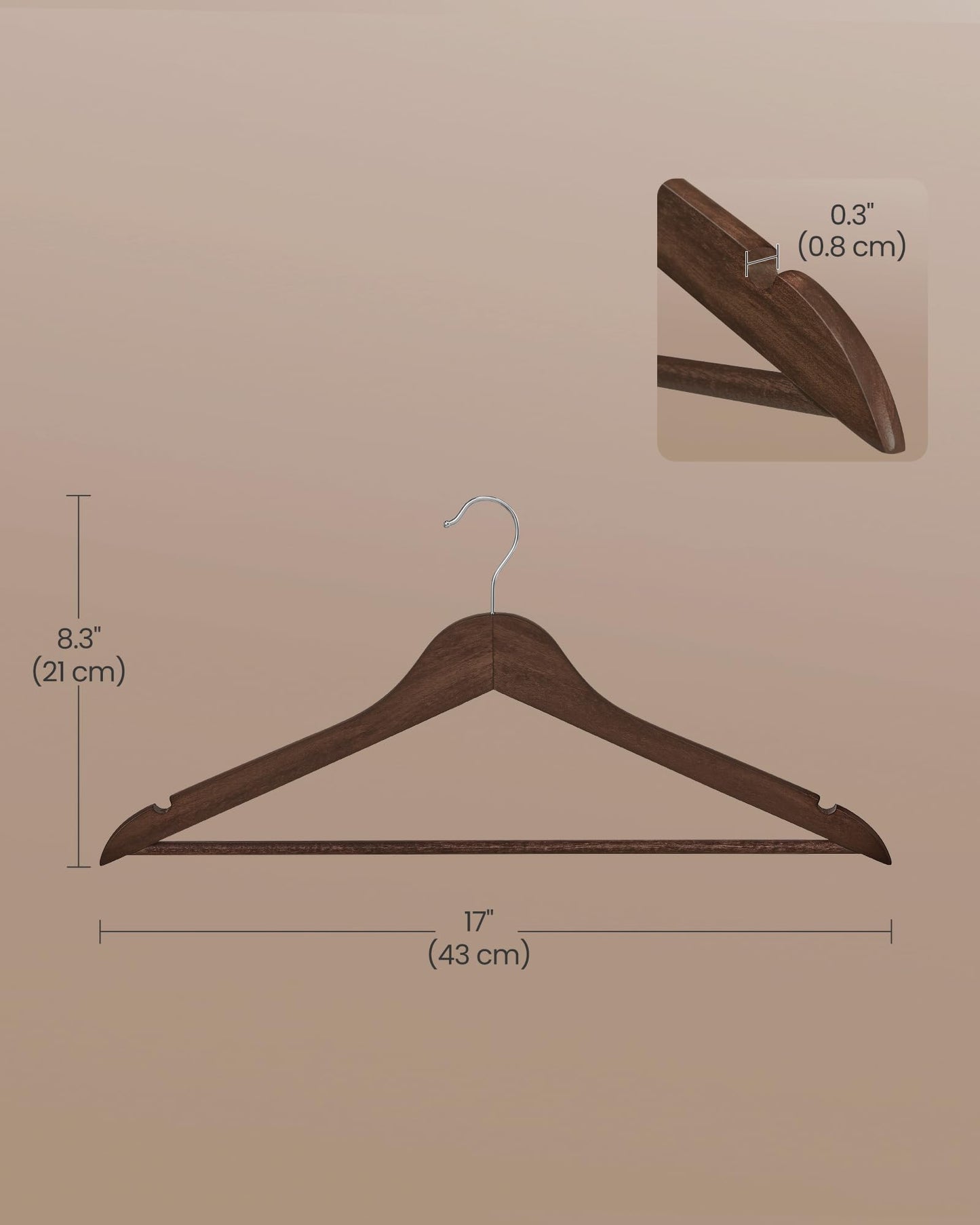 SONGMICS Wooden Hangers, Coat Hangers, Pants Bar, 360° Swivel Hooks, Solid Birch Wood, Space-Saving, for Jackets, Shirts, Coats, Pack of 30, Walnut Brown UCRW030K02