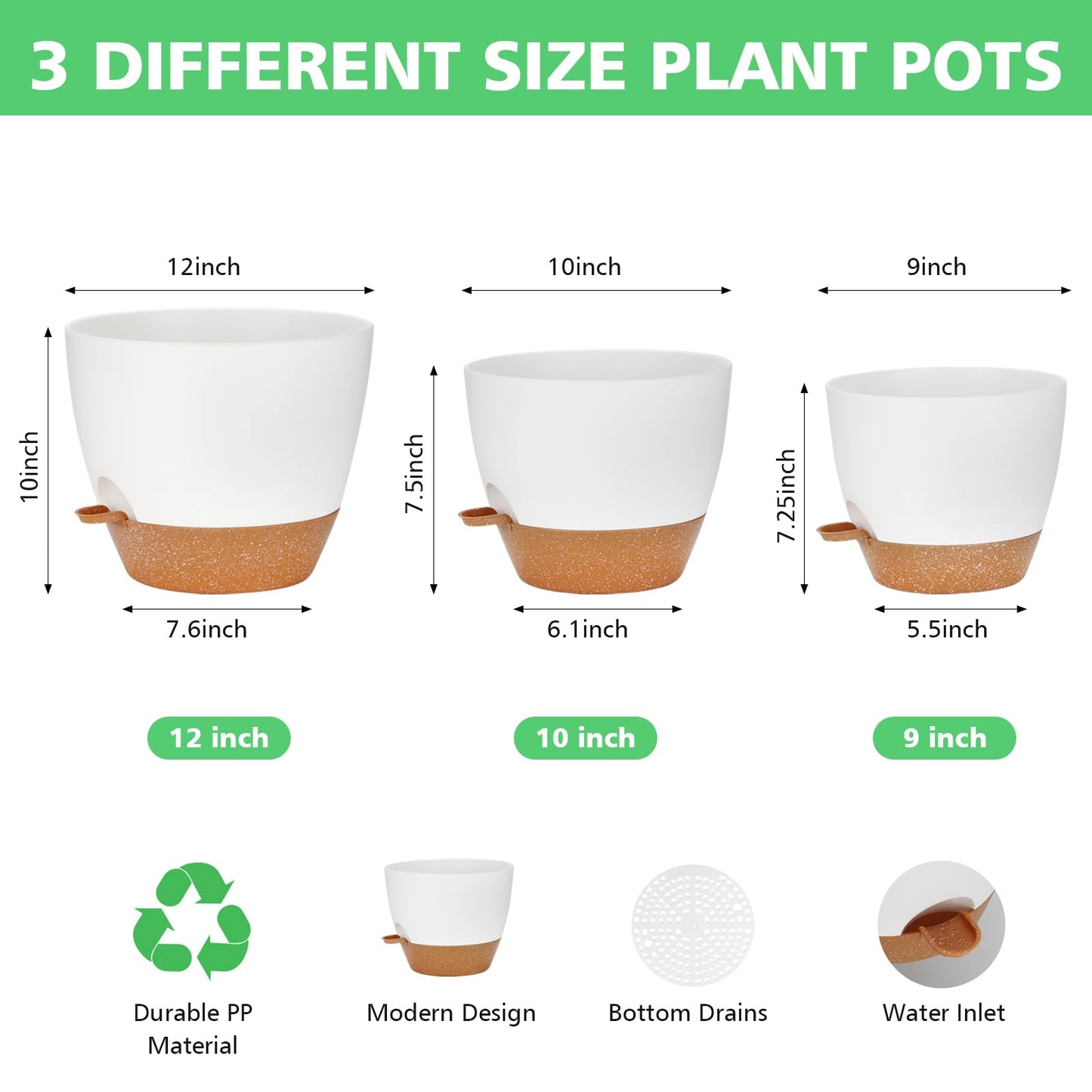 12+10+9Inch Self Watering Plant Pots Set, Large Plastic Planters with Drainage Holes and Saucers, Big Flower Pots Set for Indoor Outdoor Plants - White, 3 Pack