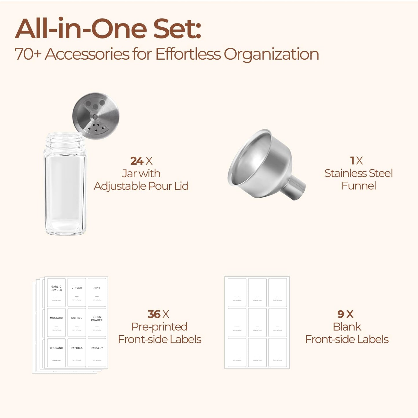 ComSaf 24 Pcs Glass Spice Jars Set with 3-in-1 Shaker Lids, 4oz Square Spice Containers for Drawer and Pantry Organization, Includes Stainless Steel Funnel and Labels for Herbs and Season