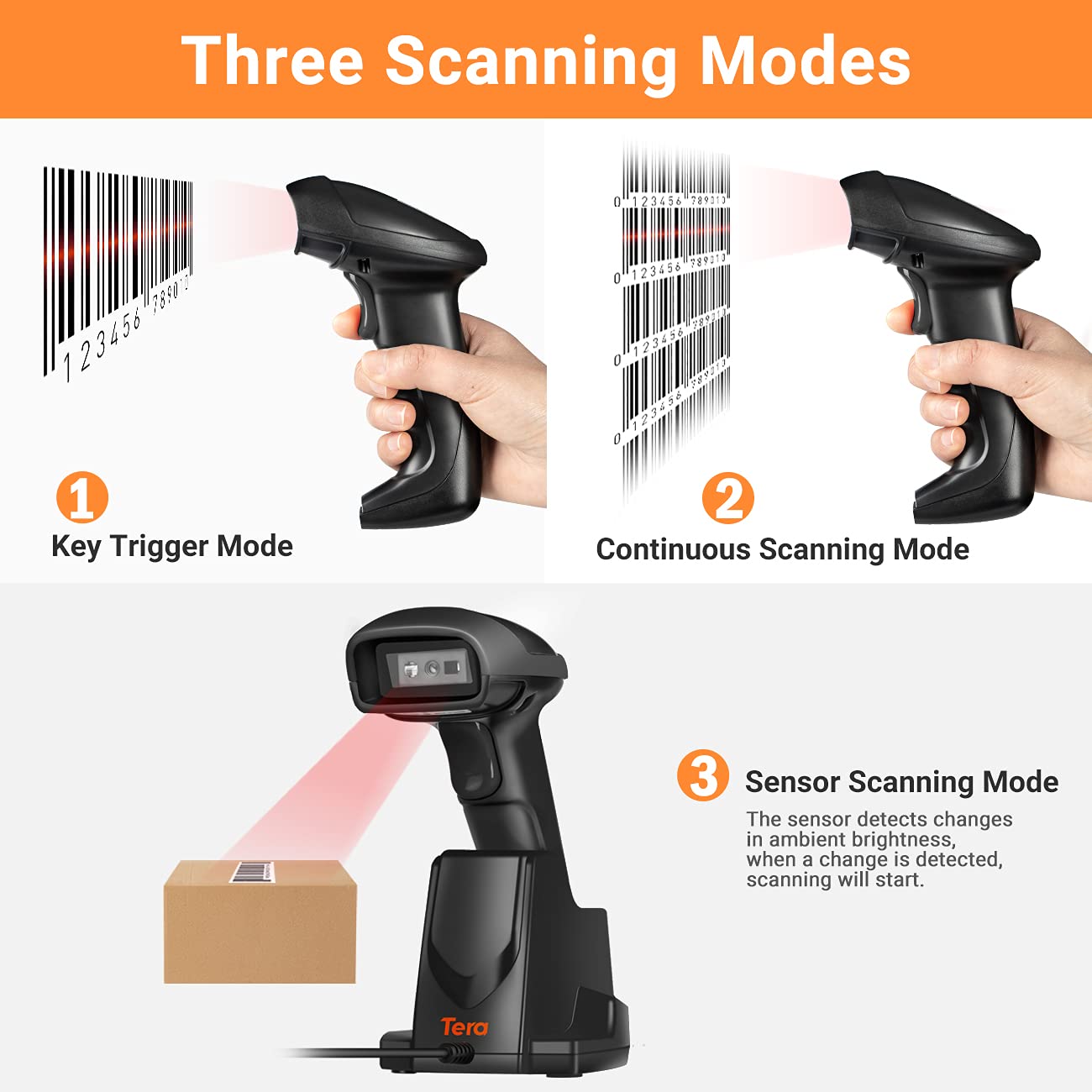 Tera 1D 2D QR Wireless Barcode Scanner with USB Charging Cradle Base Handheld Bar Code Reader Scanners Automatic Sensing Fast Precise Scanner for Small Business Supermarket Warehouse Library HW0005