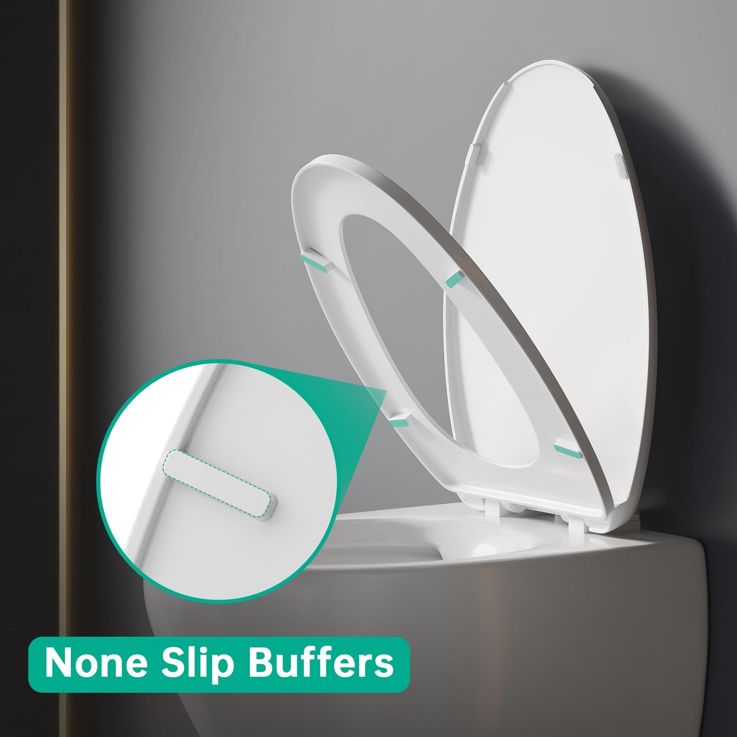 Toilet Seat Elongated, Oval Toilet Seats with Cover Quiet Close, Never Loosen Bumpers, Easy Removing and Cleaning, White, 18.5" L x 14" W
