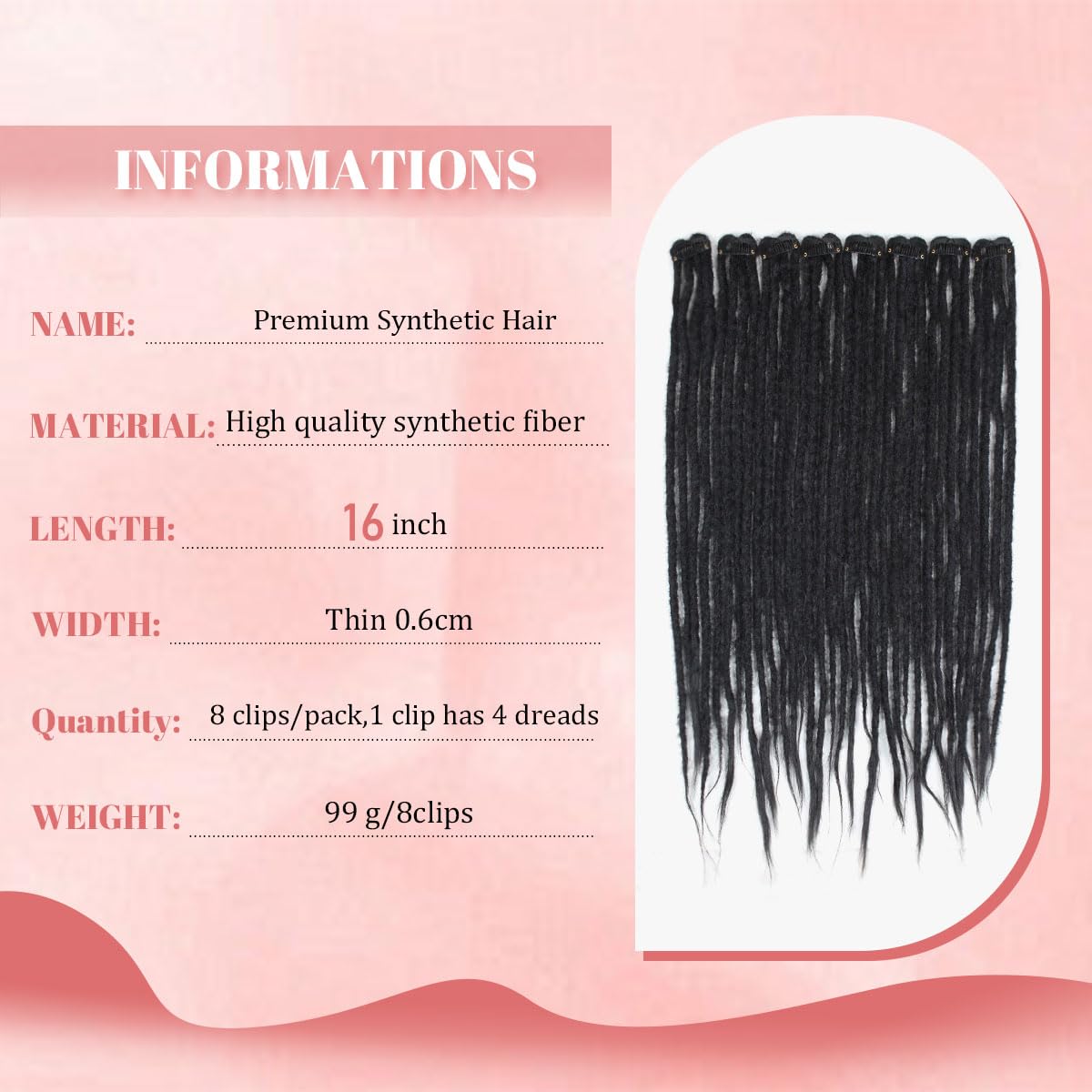 Quisduis 16 Inch Clip in Dreadlocks Hair Extensions, 8PCS 32 Strands Black Synthetic Dreas Extensions Handmade Soft Thin Dreadlocks for Women