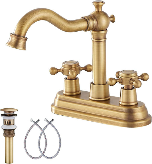Bathroom Faucet Antique Brass GGStudy 2 Handles 4 Inches Centerset Faucet Bathroom Vanity Faucet with Drain Assembly and Supply Hose Lavatory Faucet Mixer Double Handle Tap Deck Mounted