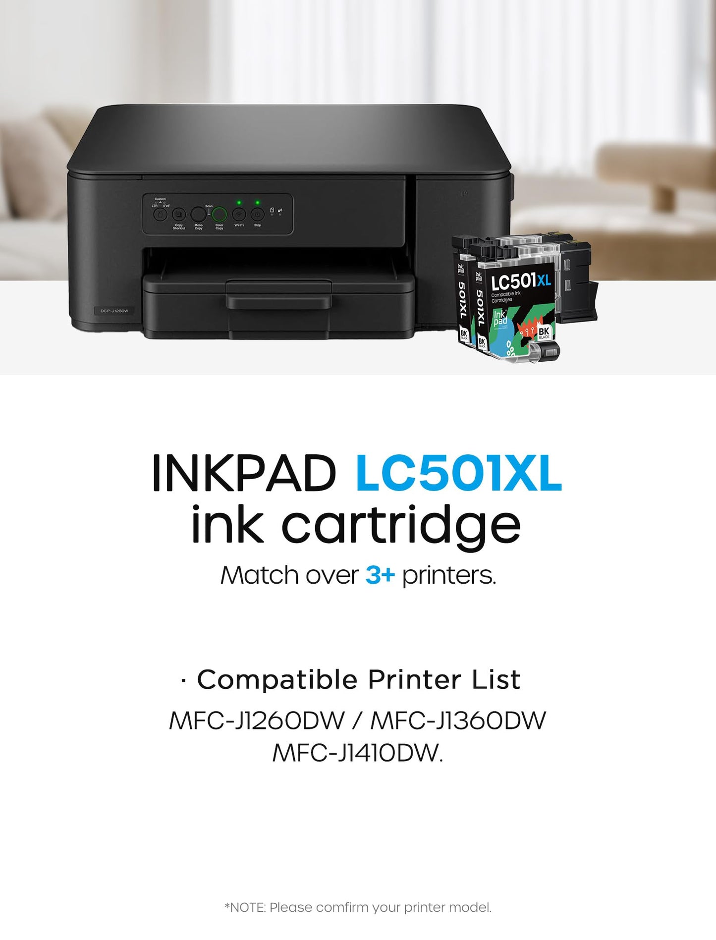 Compatible with LC501XL High Yield Ink Cartridges Compatible for Brother LC501 XL Work for Brother MFC-J1360DW, MFC-J1410DW, MFC-J1260DW Printer 2 Pack, Black
