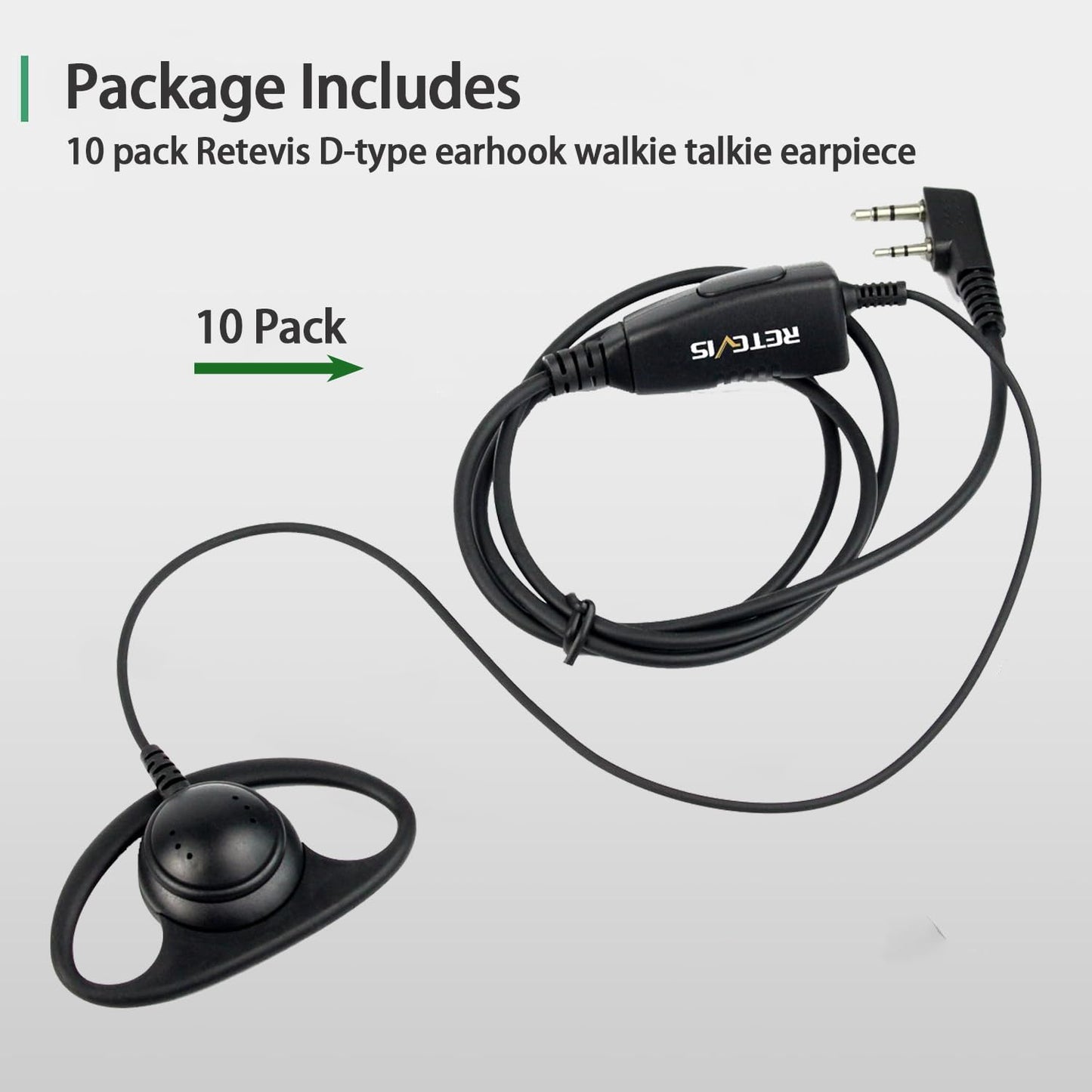 Retevis Walkie Talkie Earpiece with Mic, 2 pin, D Shape, for Retevis RT21 RT68 RT68H H777 H777H, Compatible with Baofeng BF-888S BF-T26 Kenwood Walkie Talkies, Two Way Radio Earpiece(10 Pack)