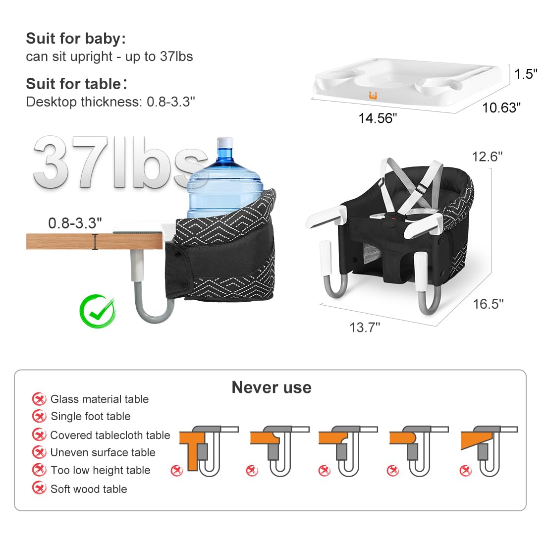 MTWML Hook On High Chair with Tray,Portable Baby High Chair That Attaches to Table,Clip On Fast Table High Chair for Babies and Toddlers.Baby Feeding Seat for Dining Table and Counter(Stripe-Black)