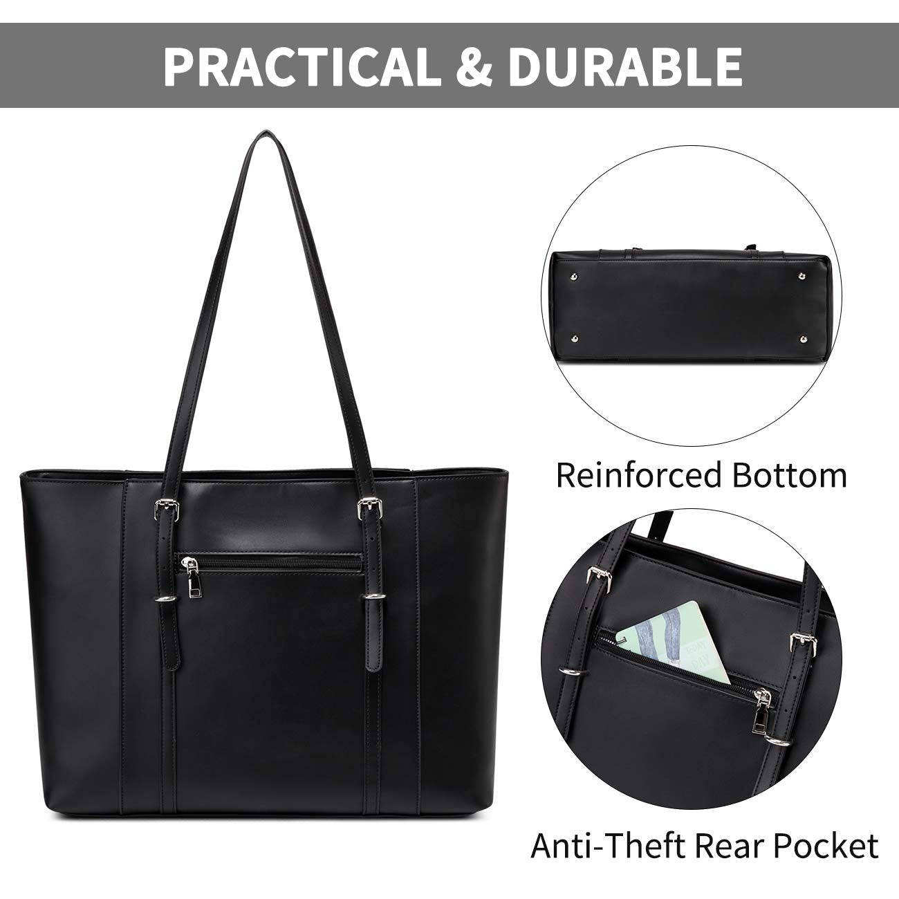 Laptop Tote Bag for Women, VASCHY PU Leather Water Resistant 15.6 inch Satchel, Large Teacher Shoulder Bag for Travel, Work Black