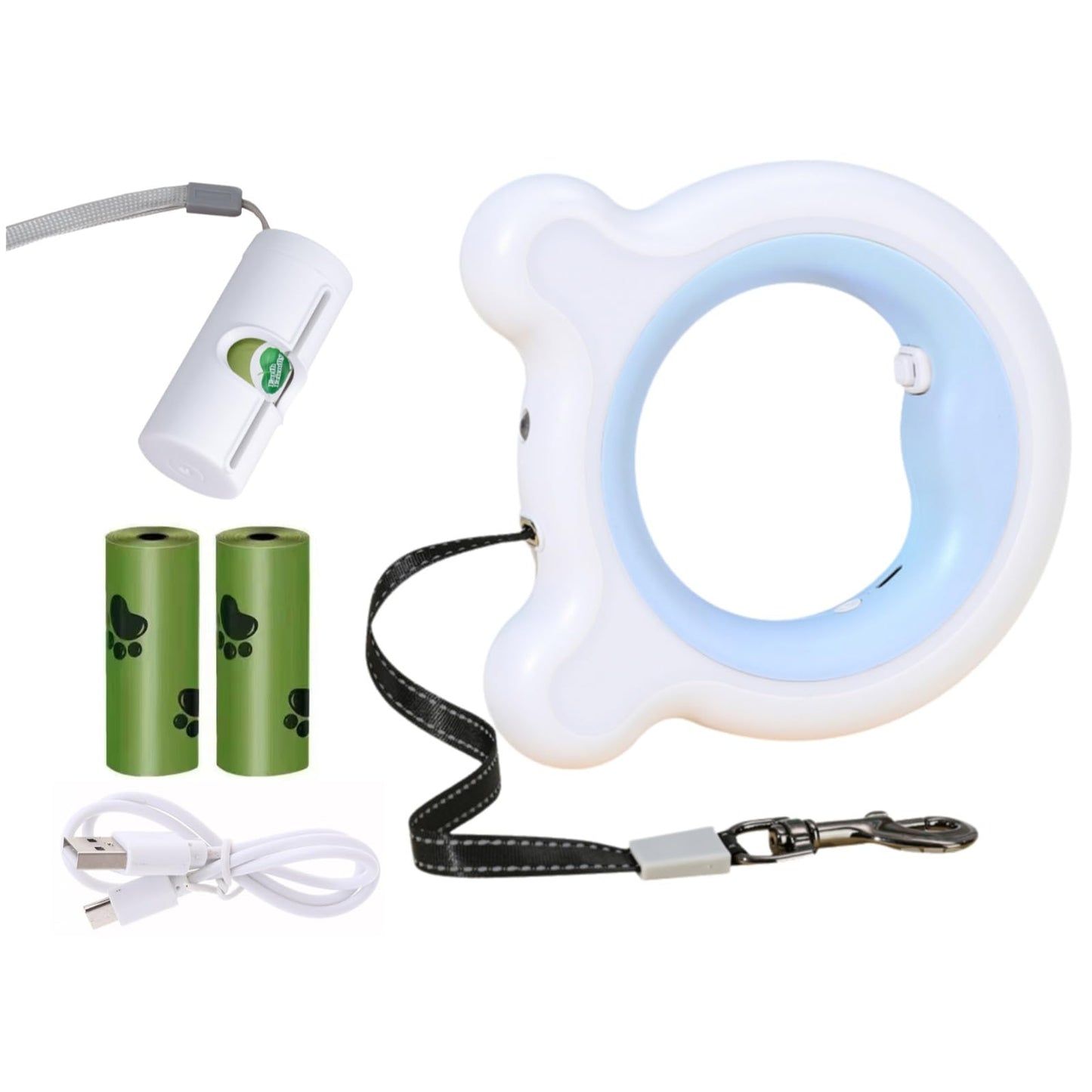 9.84ft/3M Retractable Dog Leash, Nylon Reflective Rope, One-Touch Brake for Anti-Dog Flushing, Night Light, LED Breathing Light, with Poop Bag, for Dogs Weighing up to 66 lbs