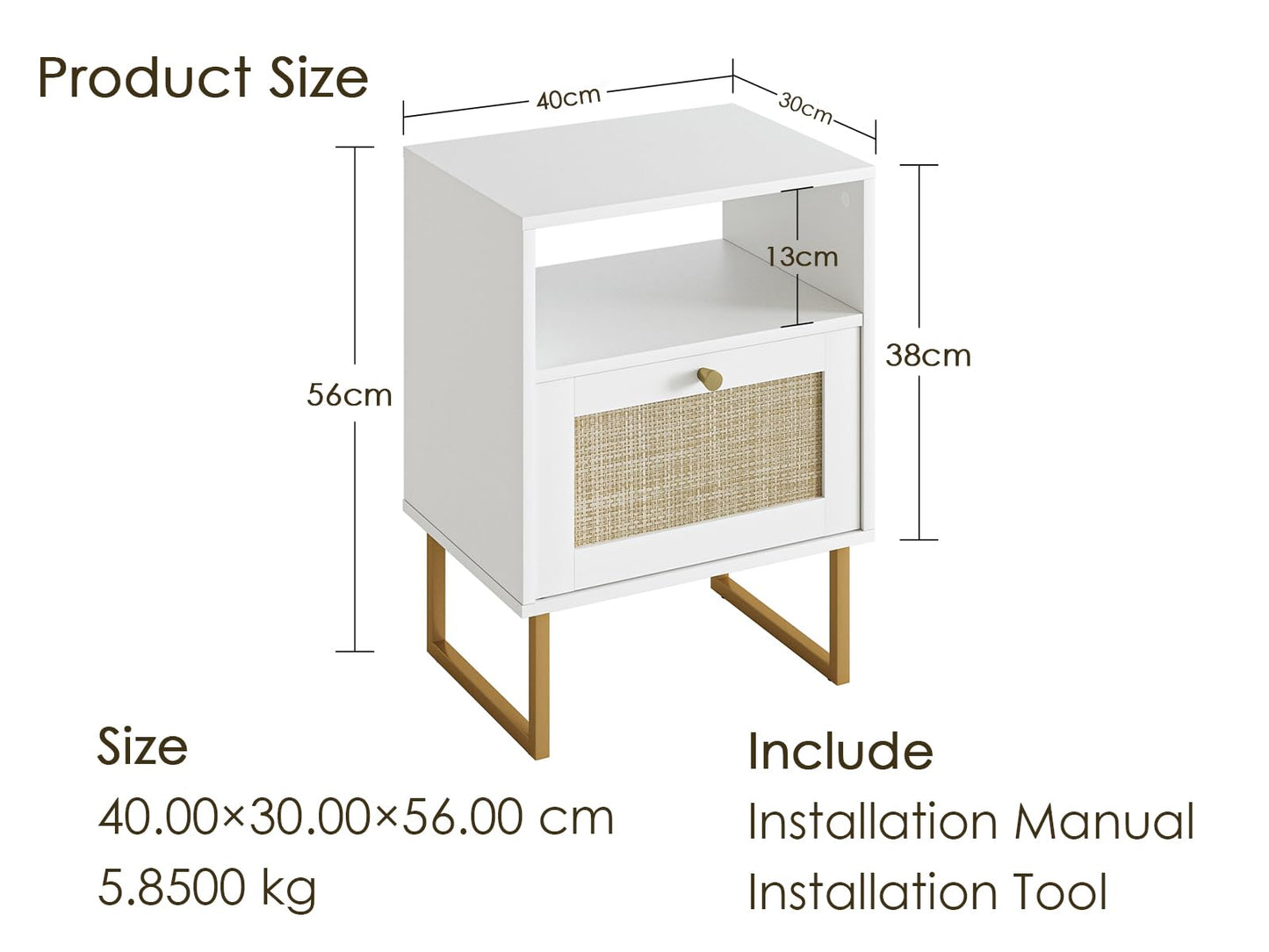 Masupu Rattan Nightstand,Modern Boho Farmhouse Wood Side Table with Storage Drawer and Open Shelf,Small Gold Frame Bedide End Table for Bedroom,Living Room,Office,White