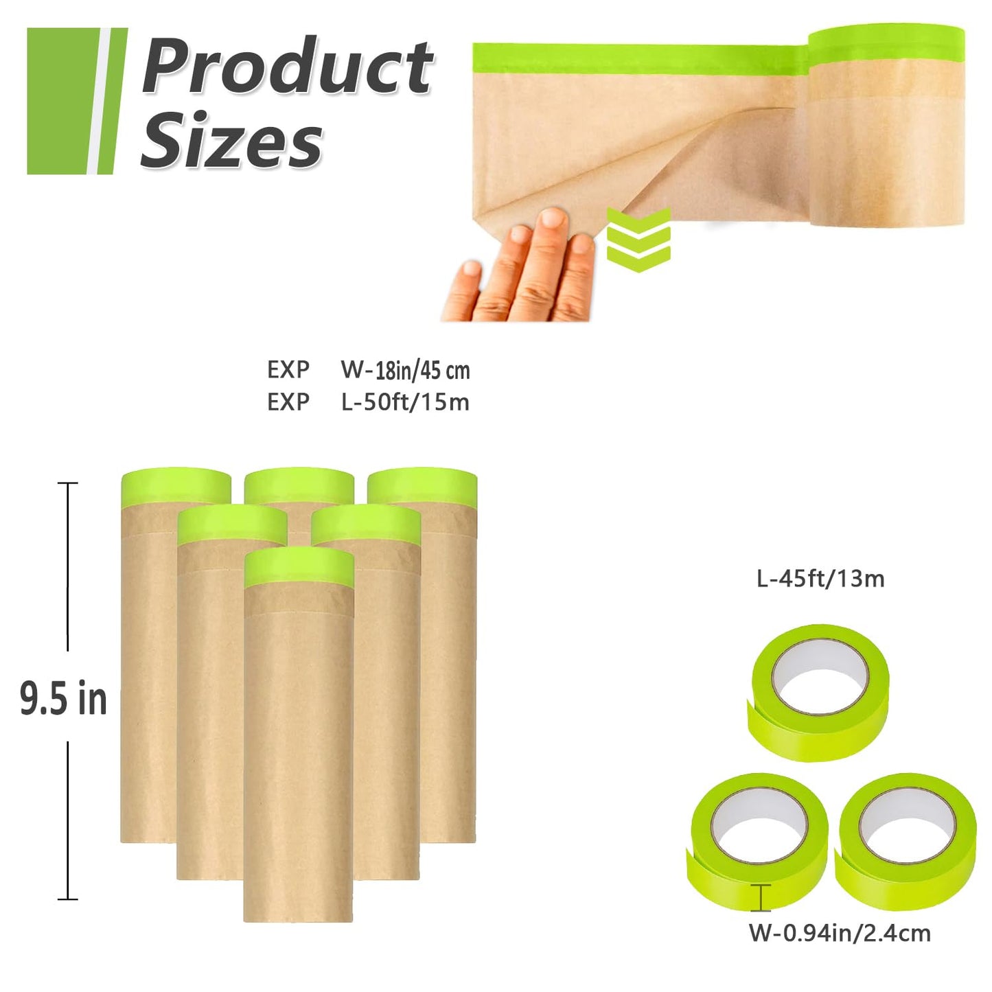 Masking Paper 6 Pack Paint Masking Tape and Drape for Painting Paint Masking Paper Assorted Paint Masking Paper for Car and Furniture (18inch Width X Total 300ft Long)