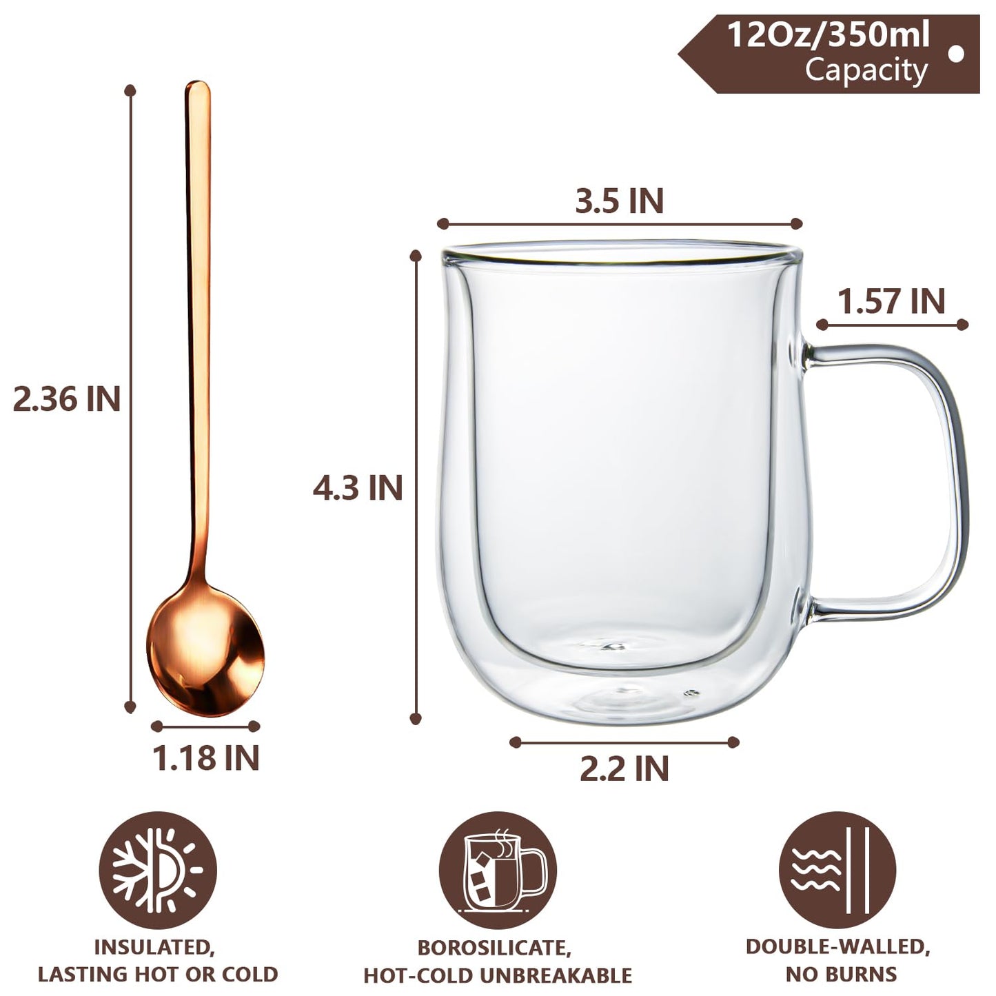 Comfome Double Wall Glass Coffee Mugs, Clear Glass Coffee Mugs Set of 4,Double Insulated Glass Coffee Mug,Glass Mugs for Hot Beverages (12 oz)