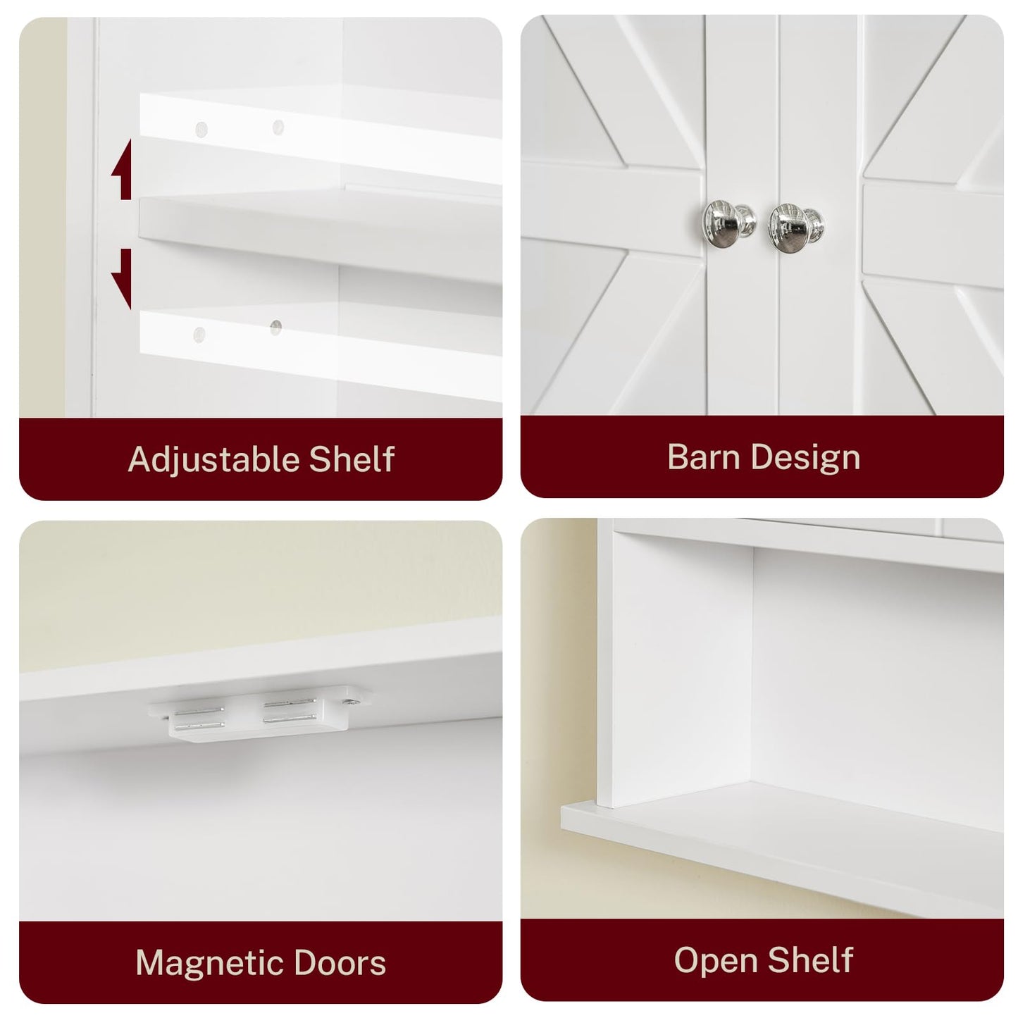 FIONESO Small Bathroom Wall Cabinet, Bathroom Cabinet with Barn Doors & Adjustable Shelf, Over the Toilet Storage Cabinet, Medicine Cabinet, for Laundry Room, 18D x 39W x 49H cm, White