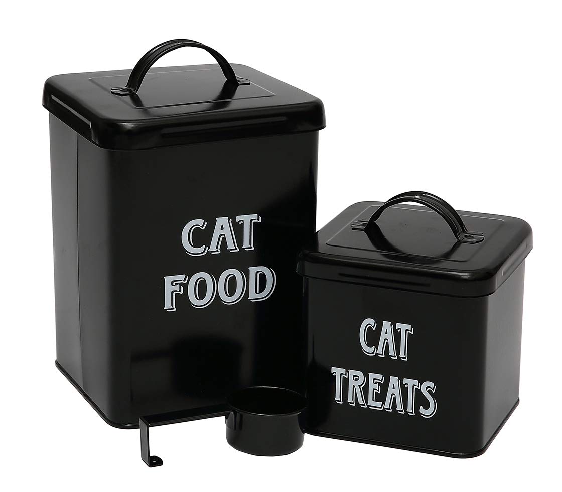 Pethiy cat Food and Treats Containers Set with Scoop for cats-Vintage White Powder-Coated Carbon Steel - Tight Fitting Lids - Storage Canister Tins Small-Black