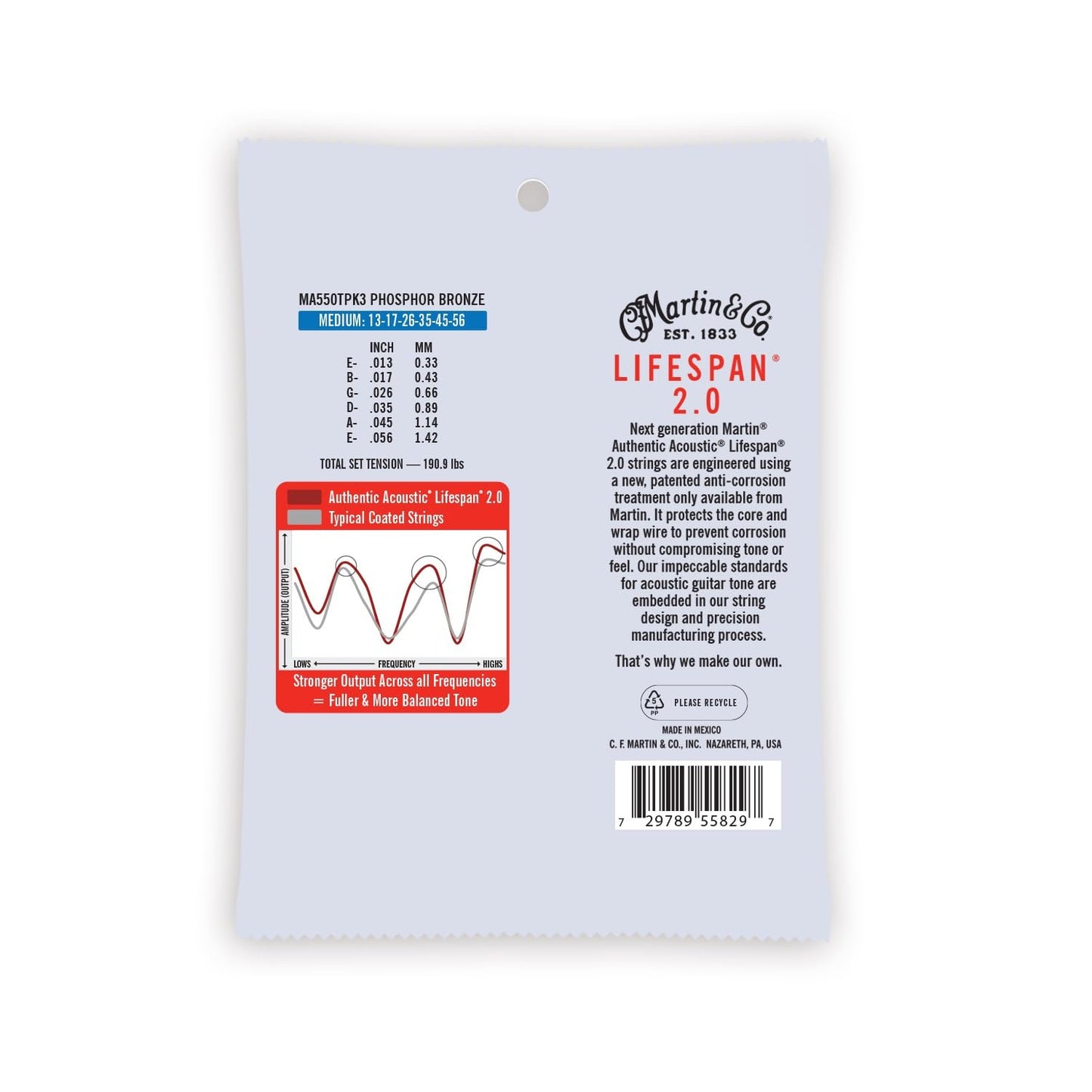 MARTIN Lifespan 2.0 Medium 13-56 98/2 Phosphor Bronze (MA550TPK3) Acoustic Guitar Strings (Pack of 3)