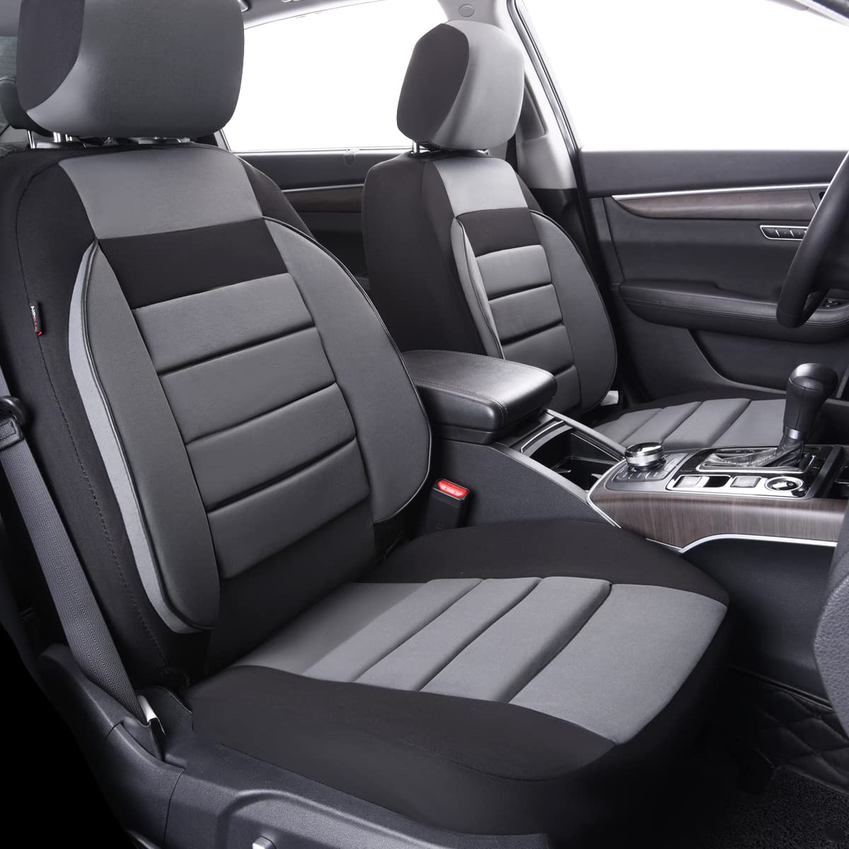 CAR PASS 6PCS Elegance Universal Fit Two Front Car Seat Covers Set, Foam Back Support, Airbag Compatible, 100% Breathable (Black with Gray)