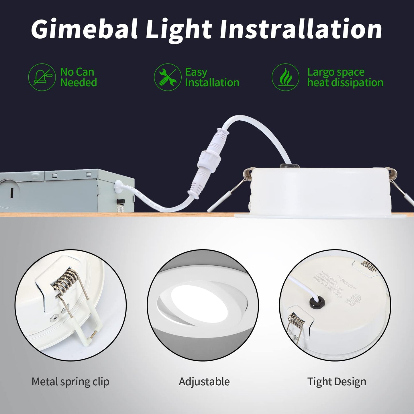 KnLnny Ware Gimbal Recessed Lighting 4 Pack, Ajustable Gimbal Recessed Ceiling Light with Junction Box,5 CCT(2700K-6500K) Selectable,9W 750LM,Dimmable,Airtight, ETL Listed