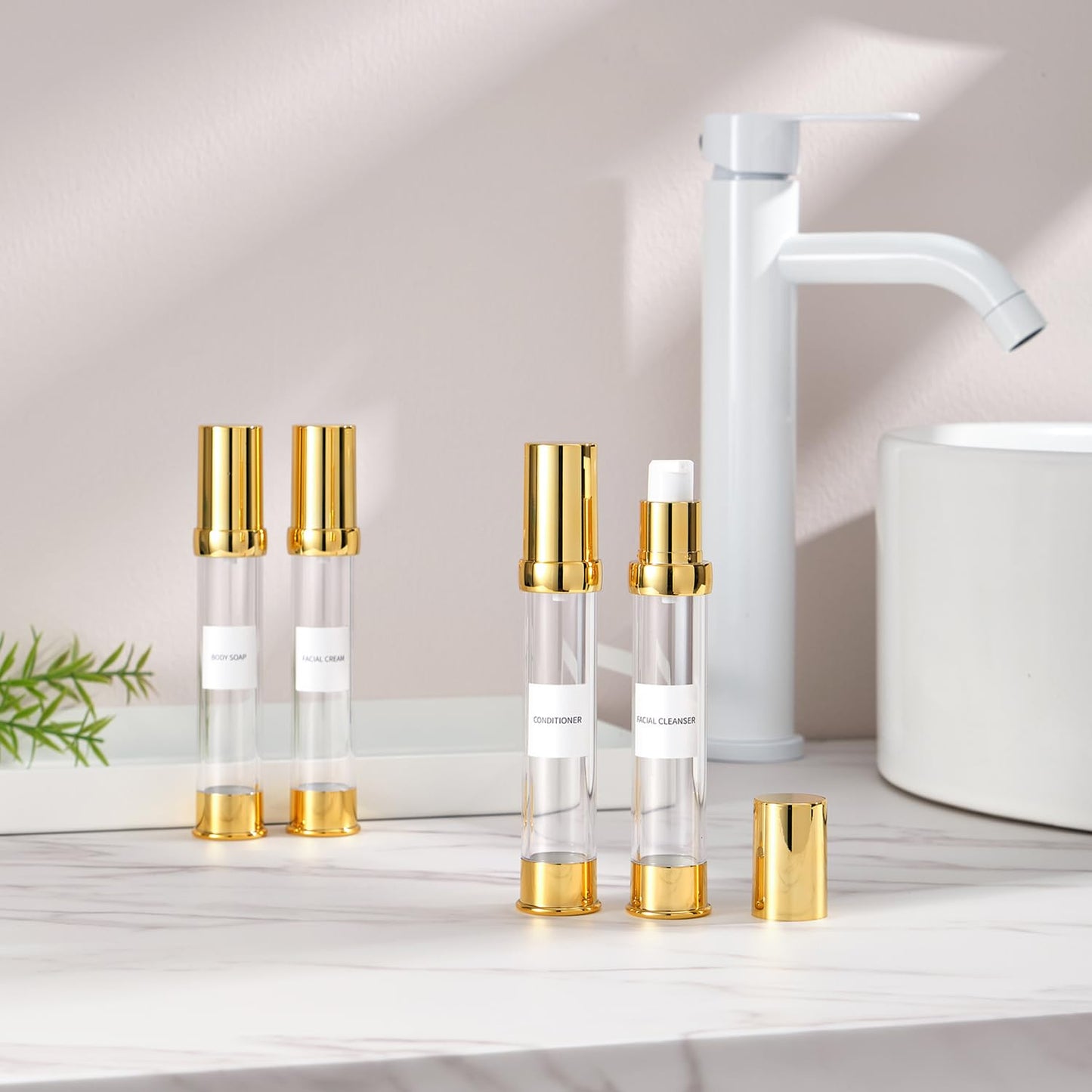 Golden Airless Pump Bottle Travel Set with Box - Refillable Empty Cosmetic Bottles for Liquids Such as Hand Soap, Toner, Foundation, Hair Oil, Lotion and Cream, Golden, 30 ML, Casual
