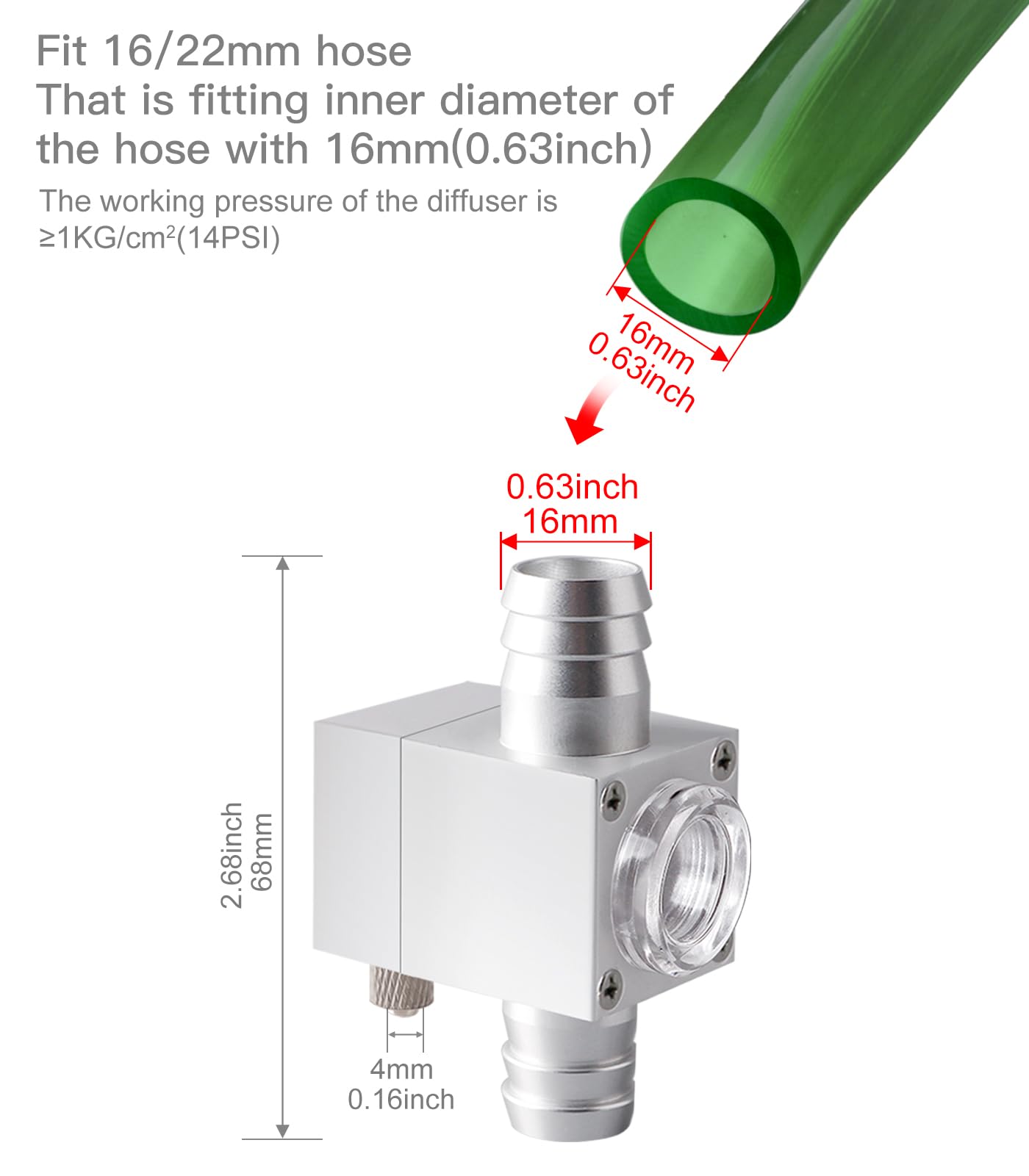 Clscea External Inline CO2 Diffuser Atomizer Aluminum Alloy for Planted Aquarium 16 mm