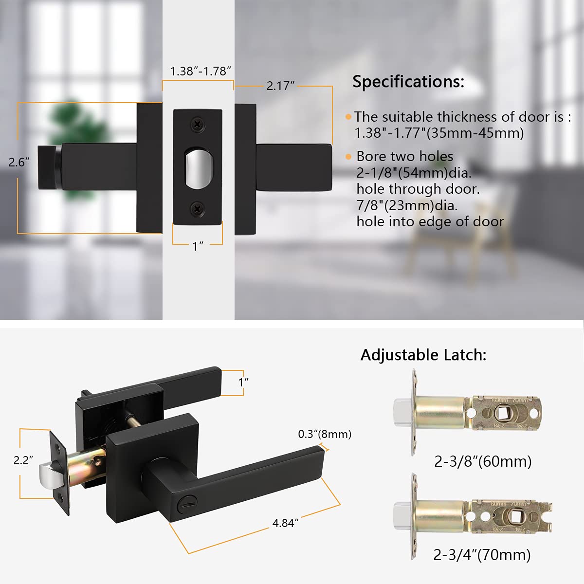 2 Pack Probrico Privacy Square Door Handle in Matte Black Finish for Interior Door Bedroom and Bathroom, Keyless Door Lockset, Heavy Duty Reversible Door Lever