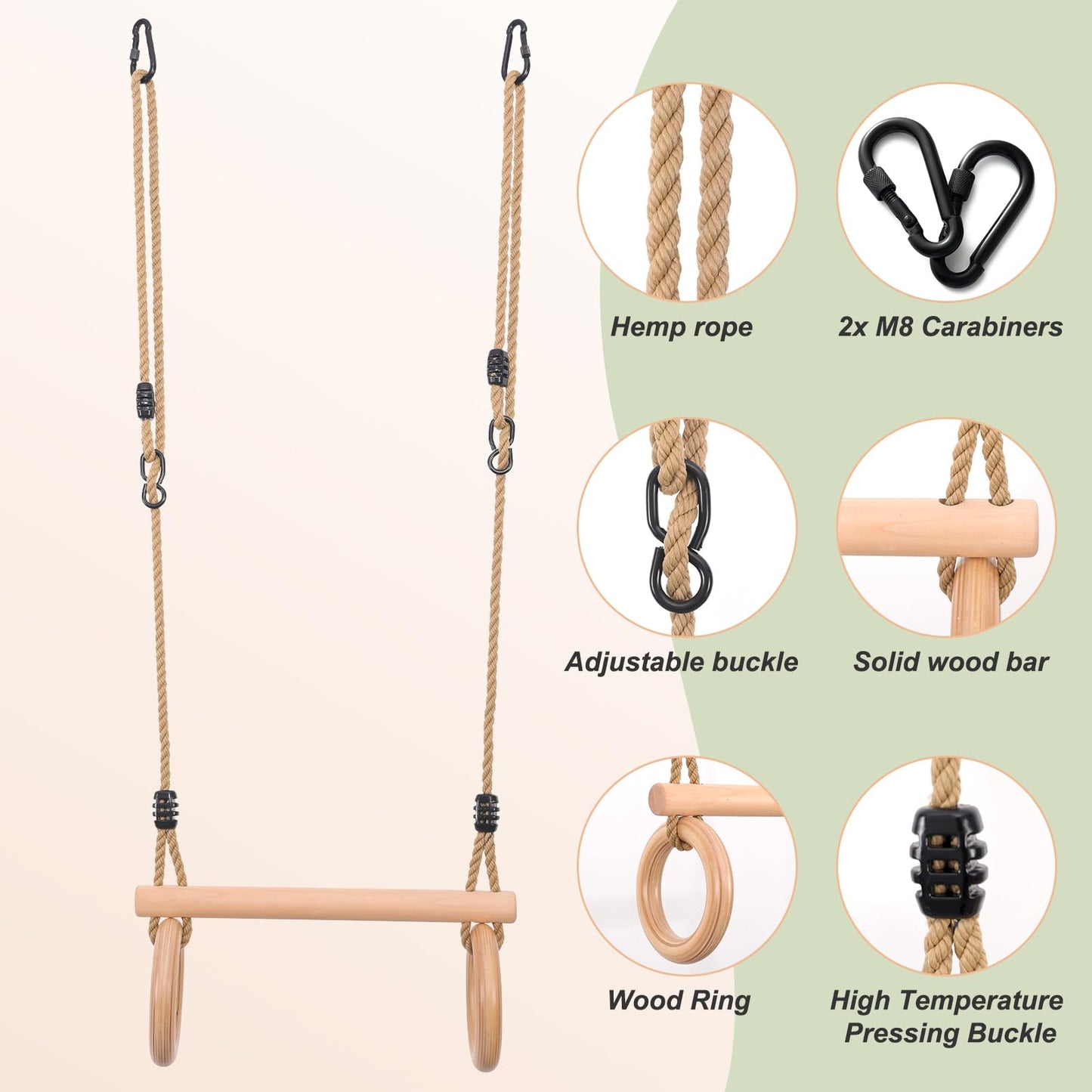 YAERSI Children's Trapeze Swing Bar with Wooden Gym Rings,Trapeze Bar for Swing Set