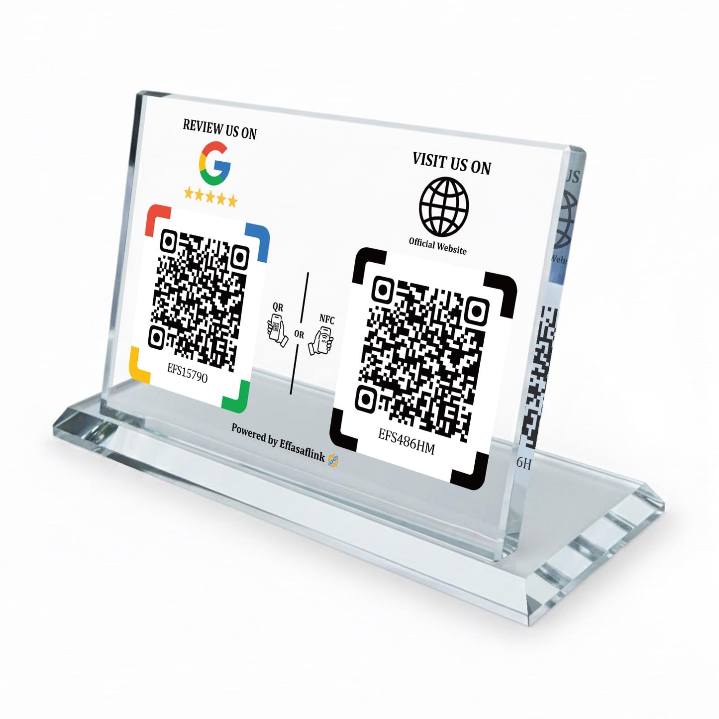 Dual Social Media Crystal Stand with NFC & QR Code - Compatible with Google Review Page & Official Websites, Boost Business Reviews & Social Media Following, No App, No Subscription, Lifetime Promotional Desktop Decor for Business