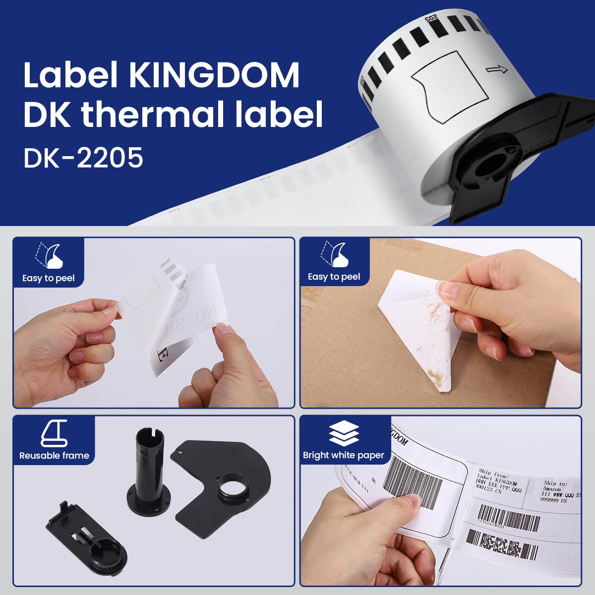 10 Rolls DK-2205 62mm x 30.48m (2-3/7" x 100') Continuous Length White Paper Label Tape Roll Compatible with Brother QL-600 800 810w Thermal Printers, 1 Frame