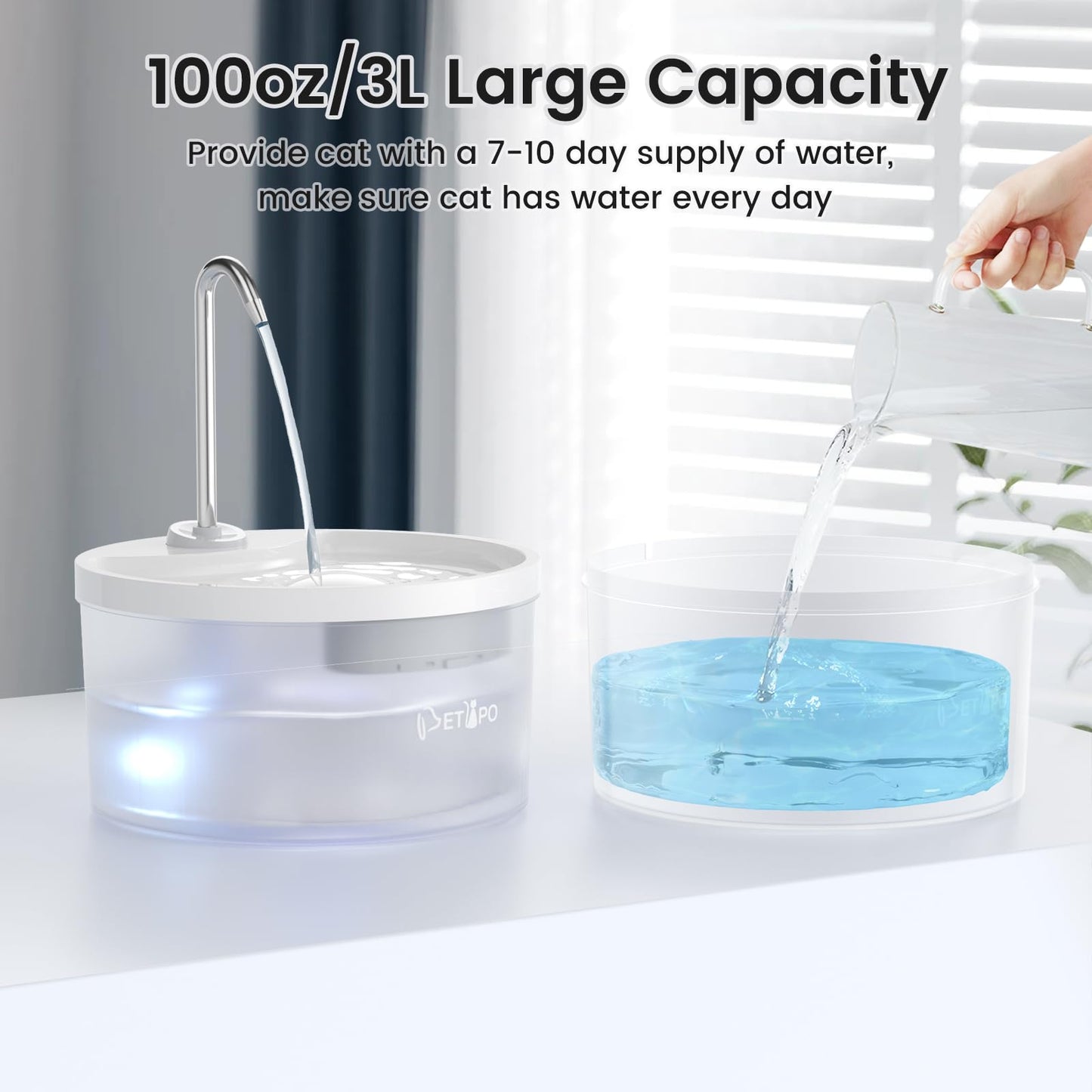 Cat Water Fountain, 3L/100oz Super Silent Pet Water Fountains for Cats Dogs Indoor, Cat Fountain with Water Alert Light, Kitty Spout Cat Drinking Fountain, BPA-Free, Easy Clean (White)