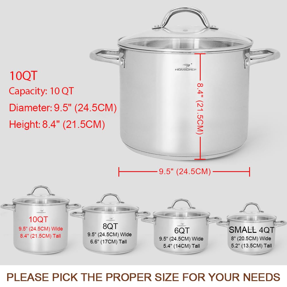 HOMICHEF 10 Quart Stock Pot With Glass Lid - Nickel Free Stainless Steel 10 Qt Pots With Handle - Mirror Polished StockPot 10 Quart - Induction Cooking Pots With Lid - Healthy Soup Pot