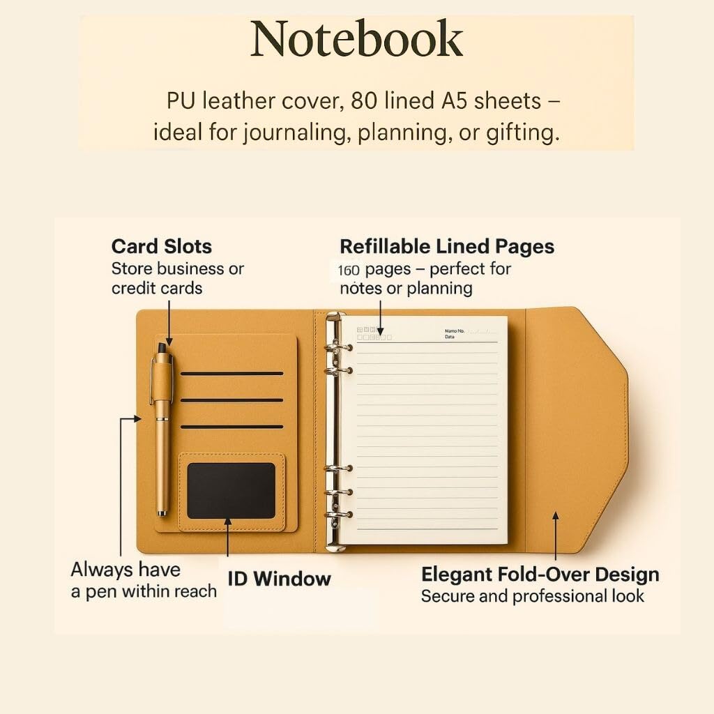 Brindle & Craft 6-Piece Executive Office Gift Set – Gold Desk Accessories with Refillable A5 Vegan Leather Notebook, Insulated Stainless Steel Tumbler, Metal Pen, 16GB USB, Card Holder & Keychain – Professional Corporate Box