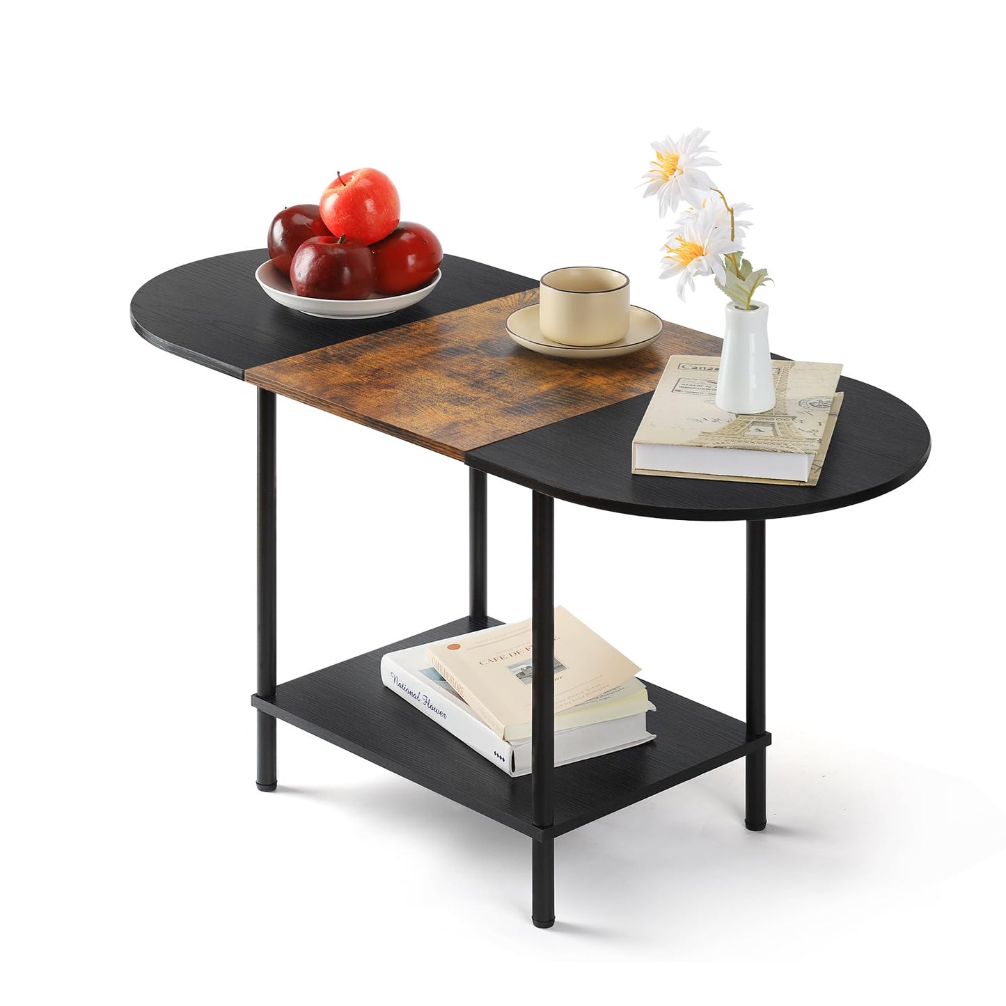Coffee Tables for Living Room,2-Tier Small Oval Center Table Industrial Modern Style Coffee Tables with Storage Shelf and Wood Tabletop for Small Space,Home Office,Brown & Black