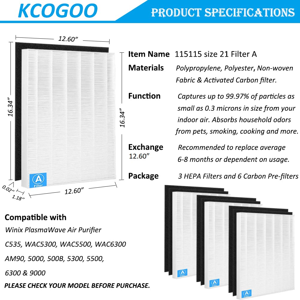 115115 size 21 HEPA Replacement Filter A Compatible with Winix C535, PlasmaWave 5300, 6300, 5300-2, 6300-2, P300, AM90 Air Purifier, 3 True HEPA Filters + 6 Carbon Pre-filters
