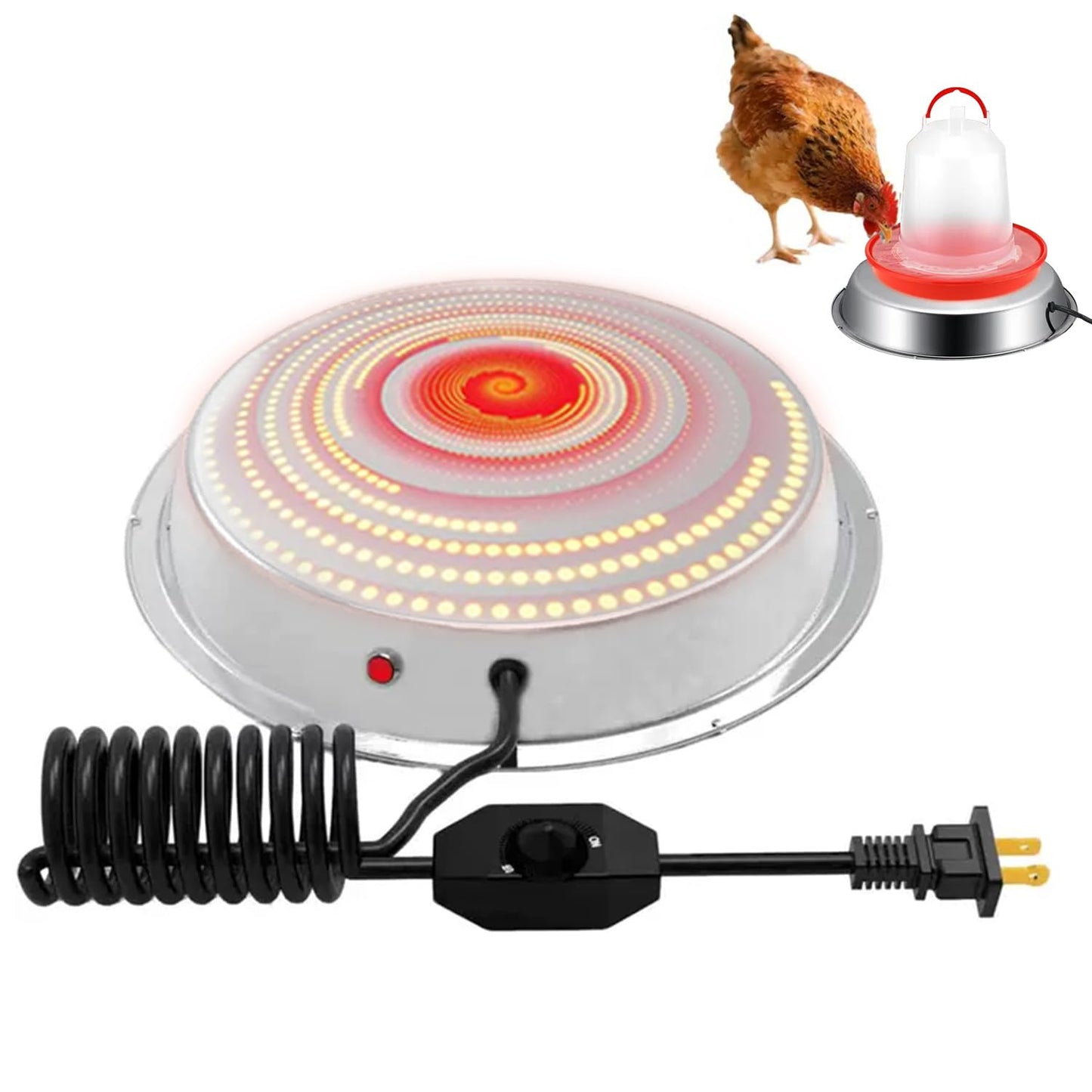 Chicken Water Heater, 11.8 Inch Stainless Steel Heated Chicken Waterer Base for Winter 5 Gallon with Thermostat Knob，with Anti-Bite Cable for Poultry Fountains Water Bowl Plastic Metal Waterer