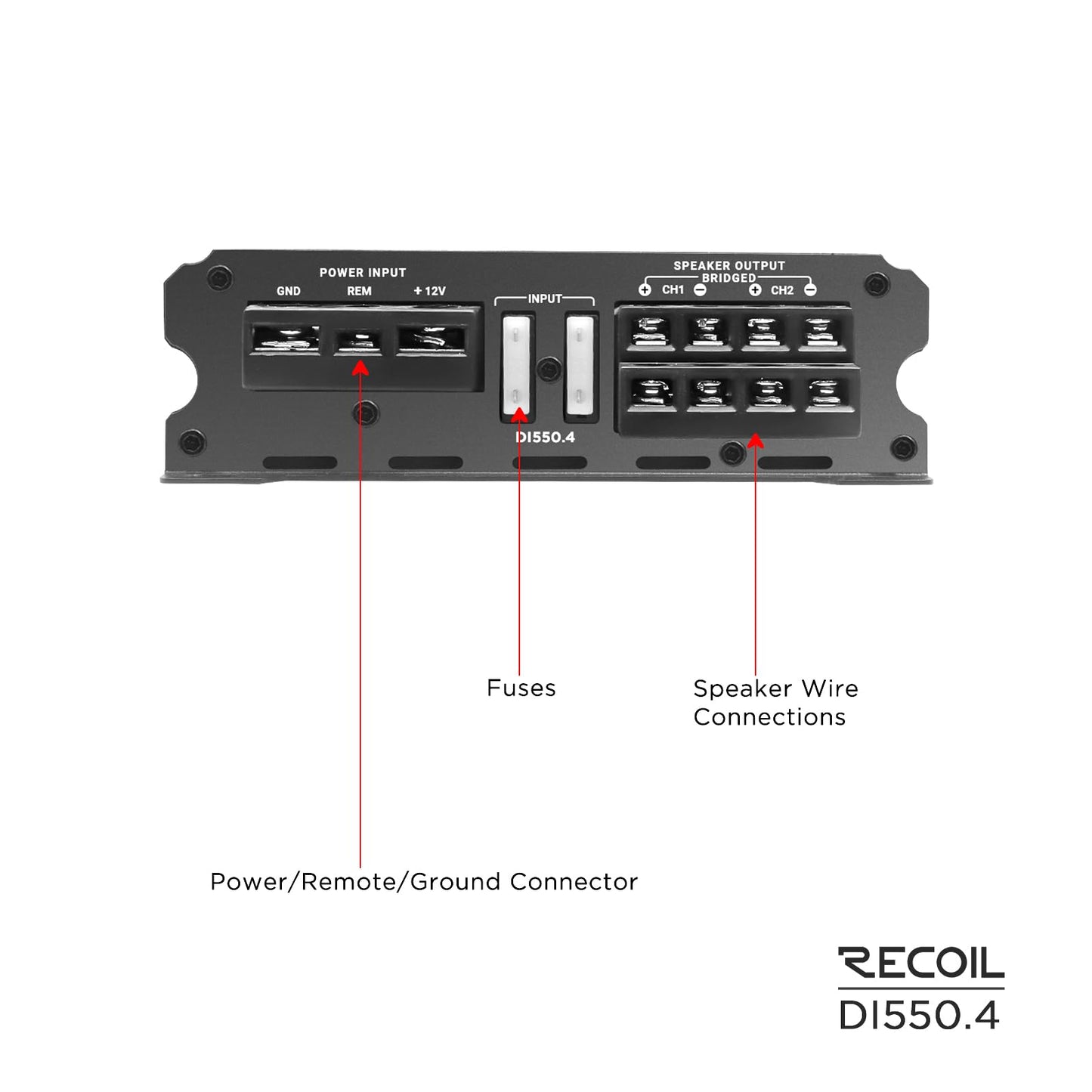 Recoil DI550.4 Full-Range Class-D 4-Channel Car Audio Amplifier, 1,040 Watts Max Power, 2-4 Ohm Stable, Mosfet Power Supply, Bridgeable