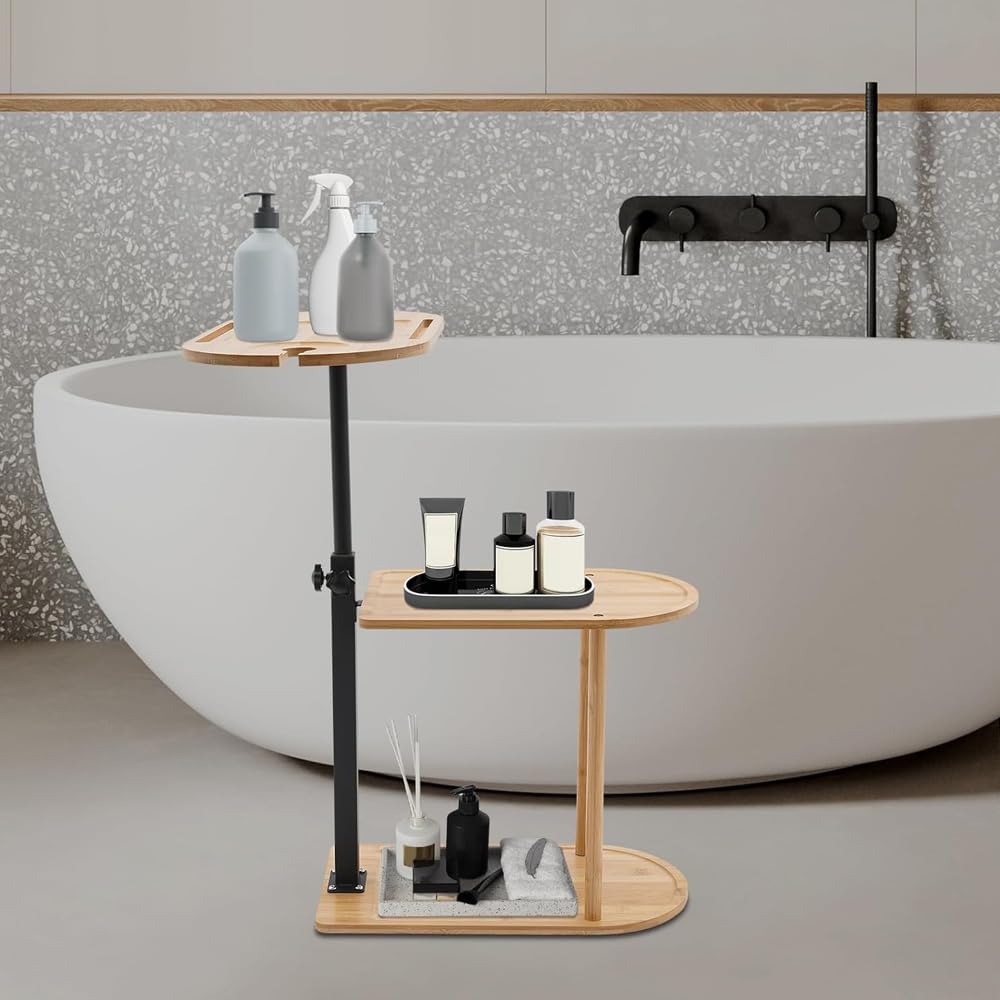 3 Layer Bath Tub Tray Table, Liftable Freestanding Bamboo Bath Tray Caddy for Tub Against Wall, Bathroom Organizer Shelf, Bath Home Spa Bathtub Accessories