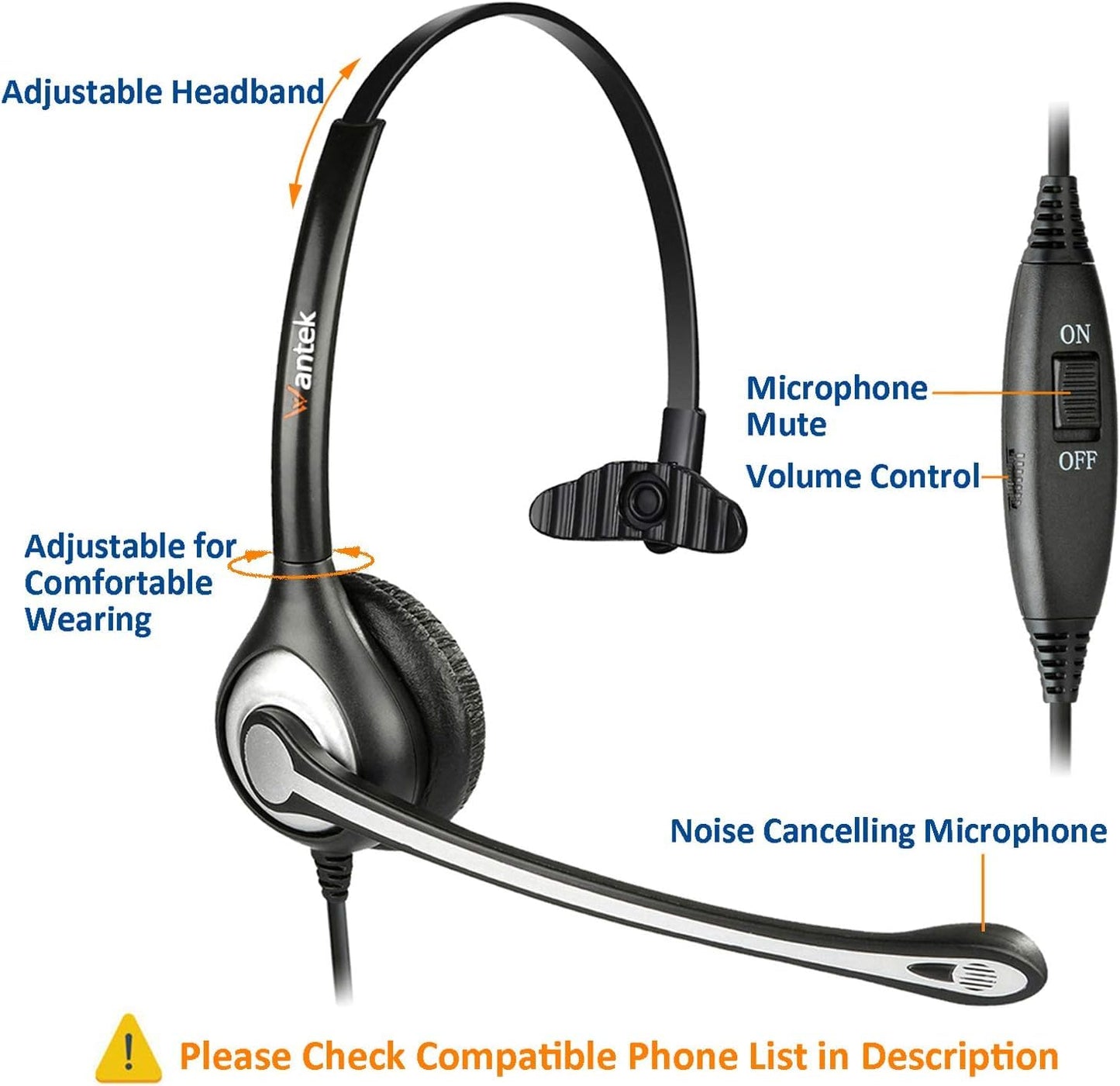 Wantek Wired Phone Headset with Microphone Noise Cancelling, RJ9 Telephone Headsets Compatible with Cisco IP Phones 6841 6951 7821 7841 7861 7940 7942 7945 7960 7962 7965 7975 8811 8841 8865 8961