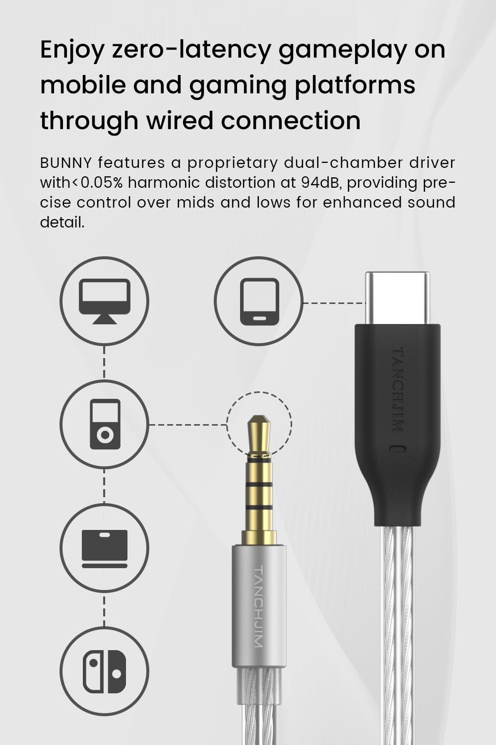 TANCHJIM Bunny Gaming Earphones with Single Dynamic Dual-Chamber Driver, Wired Earbuds IEM, 1DD 0.78 2pin Monitor with Bass Boot Maze Cavity, Entry-Level HiFi in-Ear Headphones with Mic - USB Type C