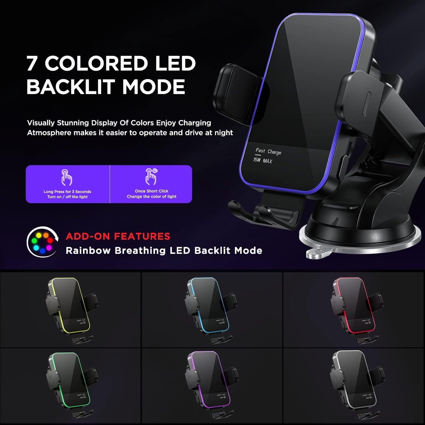 Wireless Car Charger,【7 Colored LED Backlit】 Mosurr 15W Auto Clamping Phone Holder Car Mount Charger for iPhone 16 15 14 13 12 Mini Pro Max 11, Samsung Galaxy S24 Ultra S23 Note 20, etc-Dark Black