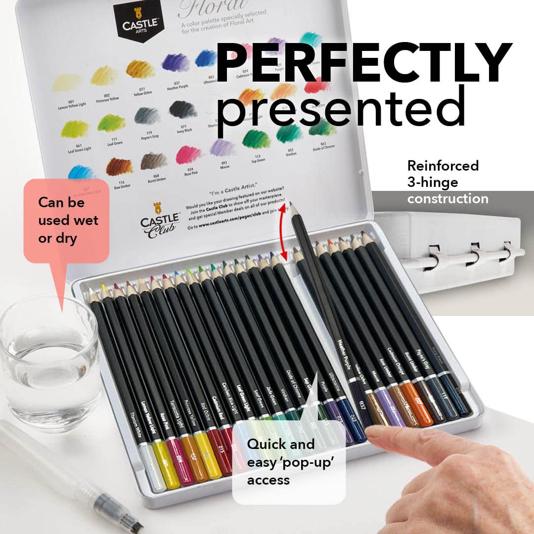 Castle Art Supplies Floral/Botanical Watercolor Pencils Set | 24 Quality, Selected Vibrant Colors | Draw and Paint at the Same Time | For Adult Artists and Gifting | In Special Tin Box