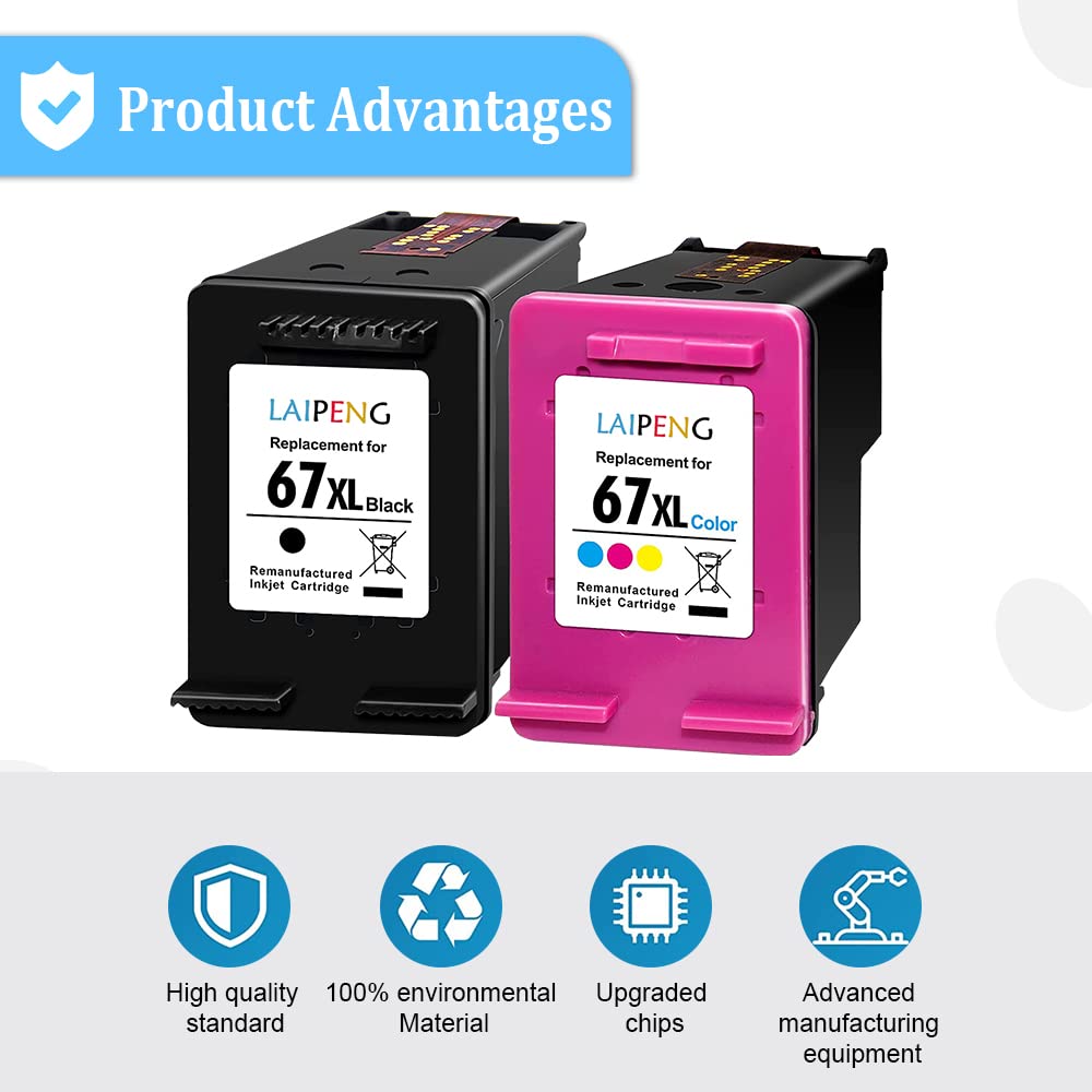 Laipeng Remanufactured 67XL Ink Cartridges Replacement for HP 67 67 XL 67XXL for Envy 6055 6052 6058 6075 Pro 6455 6452 6458 6475 DeskJet 1255 2752 2755 4140 4152 4155 4158 Printer (Black + Tri-Color)