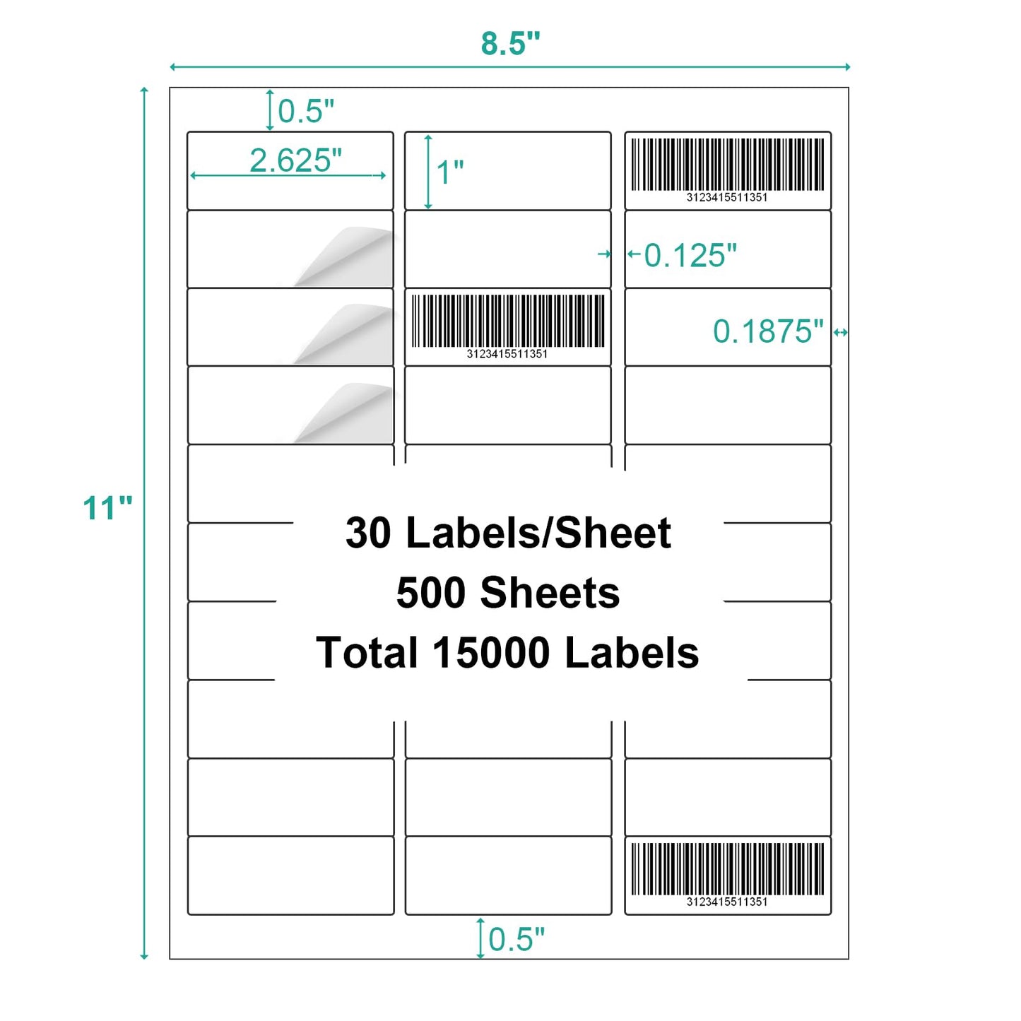 1" x 2-5/8" Address Labels, 500 Sheets 15000 Counts, 30-UP Barcode Labels Mailing Label for Inkjet & Laser Printers