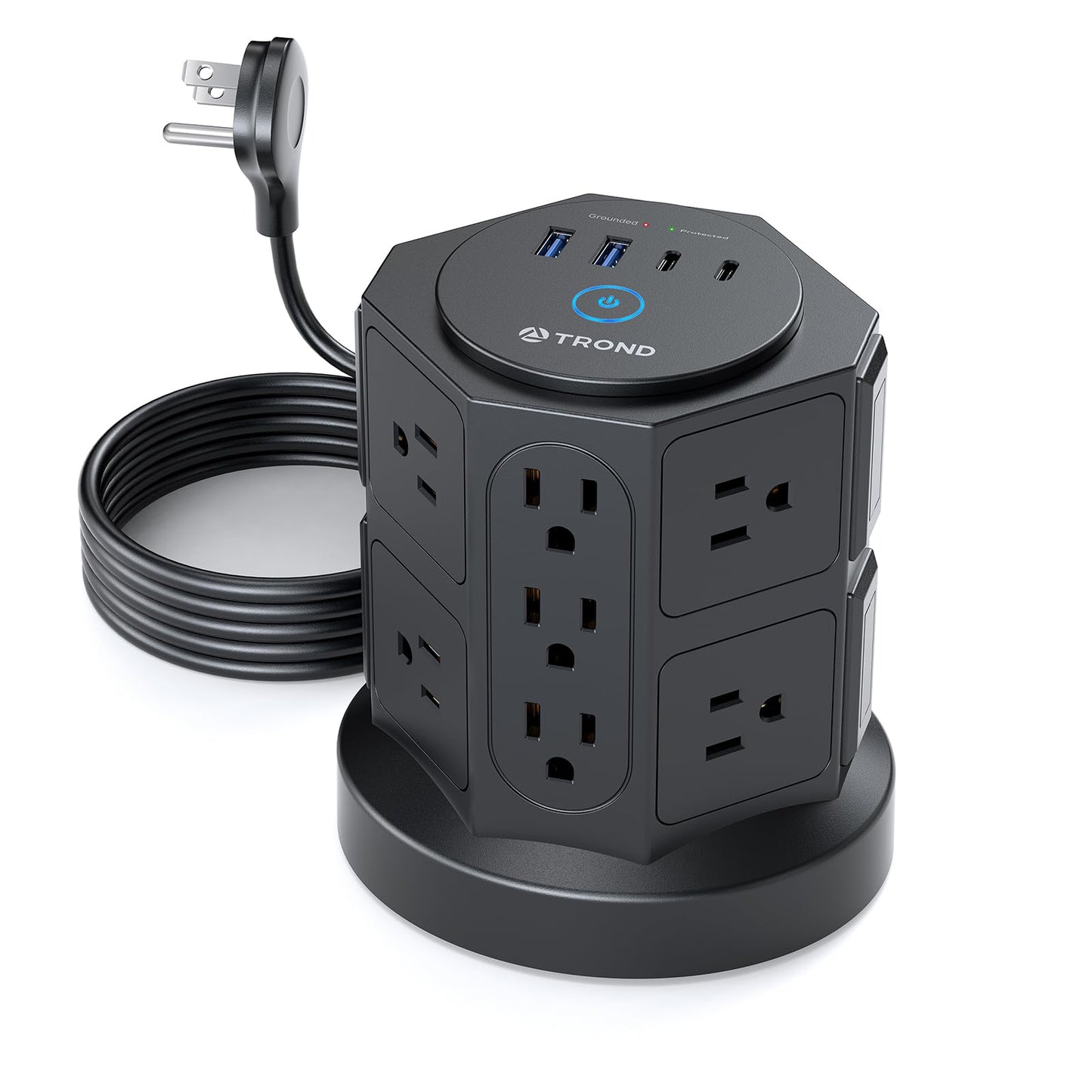 TROND Tower Power Bar Surge Protector with USB C, 14 Widely Spaced Outlets, 6ft Flat Plug Extension Cord Indoor, Vertical Desktop Charging Station for Home Office Desk Accessories, Black