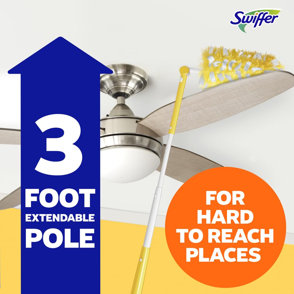 Swiffer Duster Kit with 3 ft Extendable Handle, Heavy Duty Dusting Starter Kit with 12 Refills, for Ceiling Fans, Vents and Hard to Reach Places