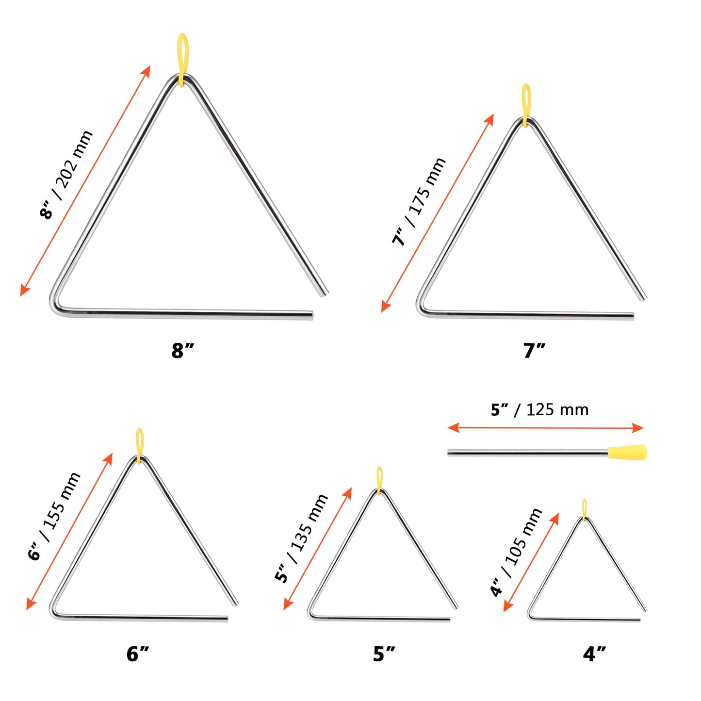 SINJEUN 10 Pack Musical Steel Triangle Percussion Instrument, 4, 5, 6, 7, 8 Inches Triangle Musical Instrument with Striker and Finger Holder, for Music Learning and Teaching