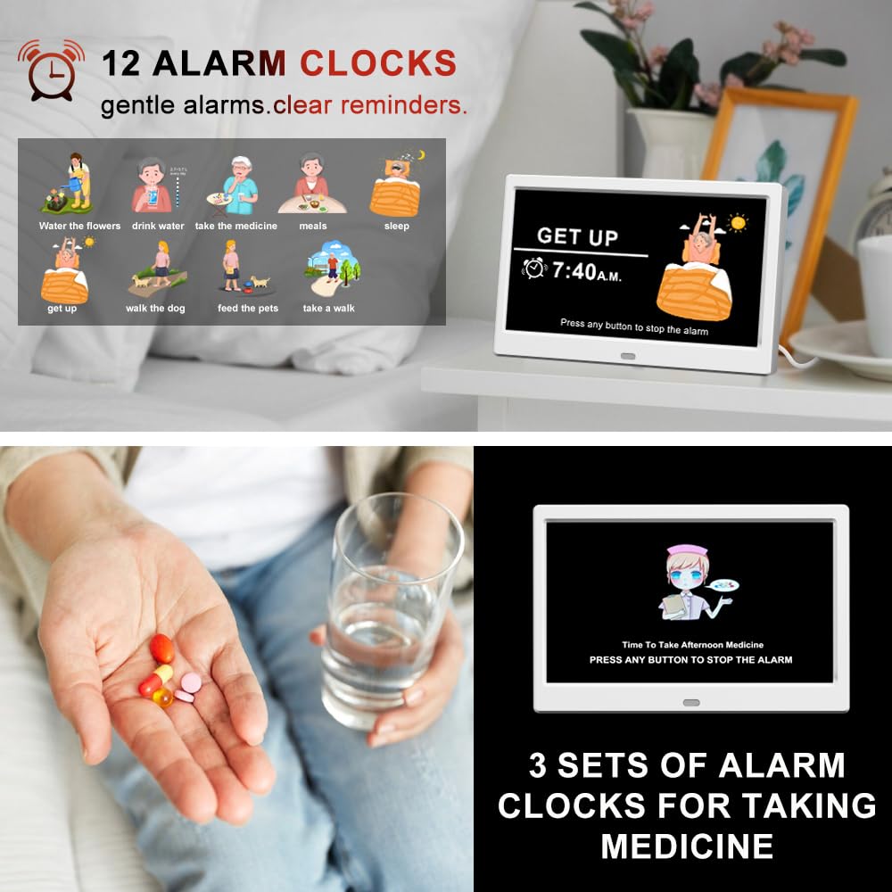 TIMEMOON Alarm Clock with Day and Date for Elderly Digital Calendar Clock Photo Frame- Auto Dimmable Display 15 Alarm Options (10inch White)