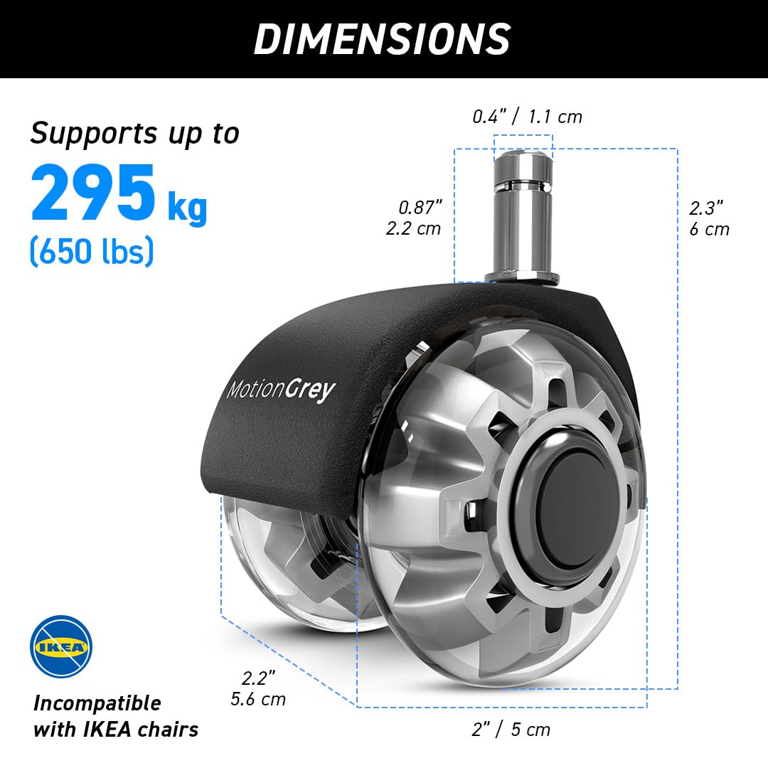 MotionGrey - Premium Dual Office Chair Wheels Replacement for Hardwood Floors, Chair Casters Replacement, Heavy Duty Desk Chair Wheels for Replacing Chair Mat, Rollerblade Casters (1)