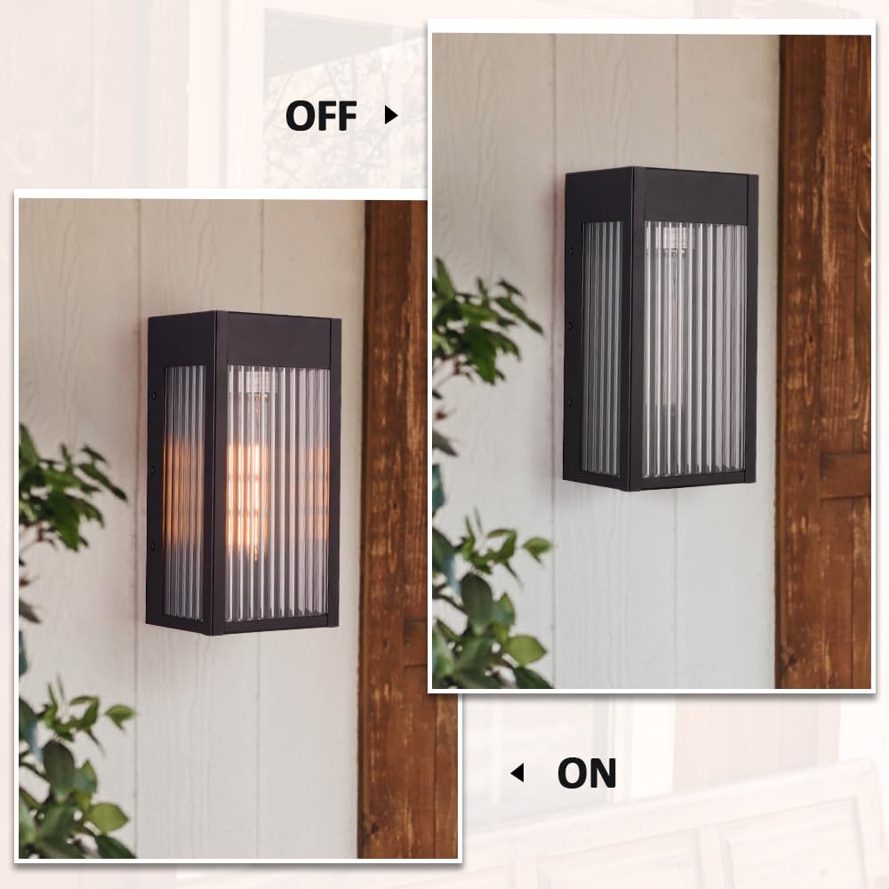 Cerdeco Black Outdoor Wall Light with Striped Tempered Glass,Modern Outdoor Wall Sconce with E26 Socket,2 Pack