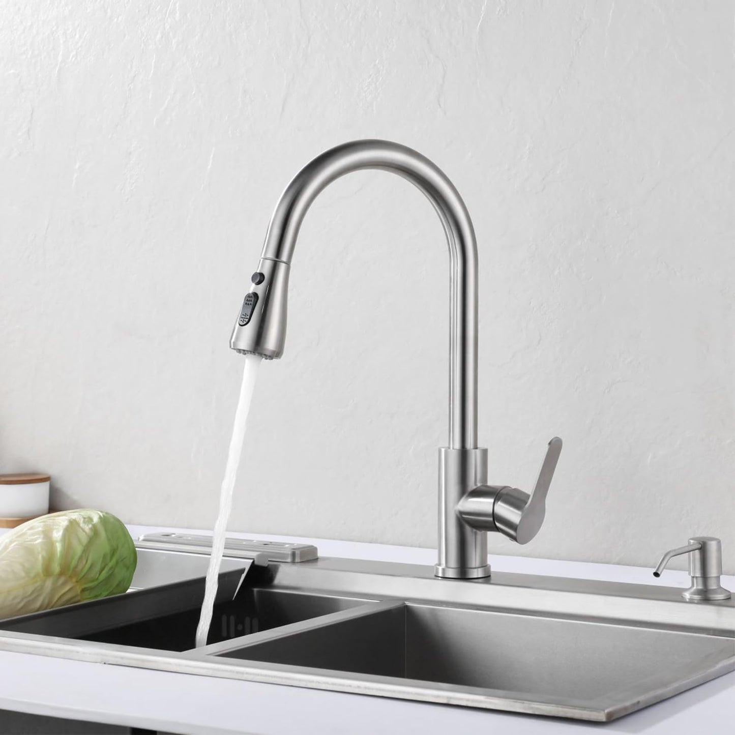 LKUWEE Kitchen Faucet, Stainless Steel 360° Swivel Kitchen Sink Faucets, Hot and Cold Water Kitchen Tap Pullout Sink Faucet with 2 Hoses, Brushed Nickel